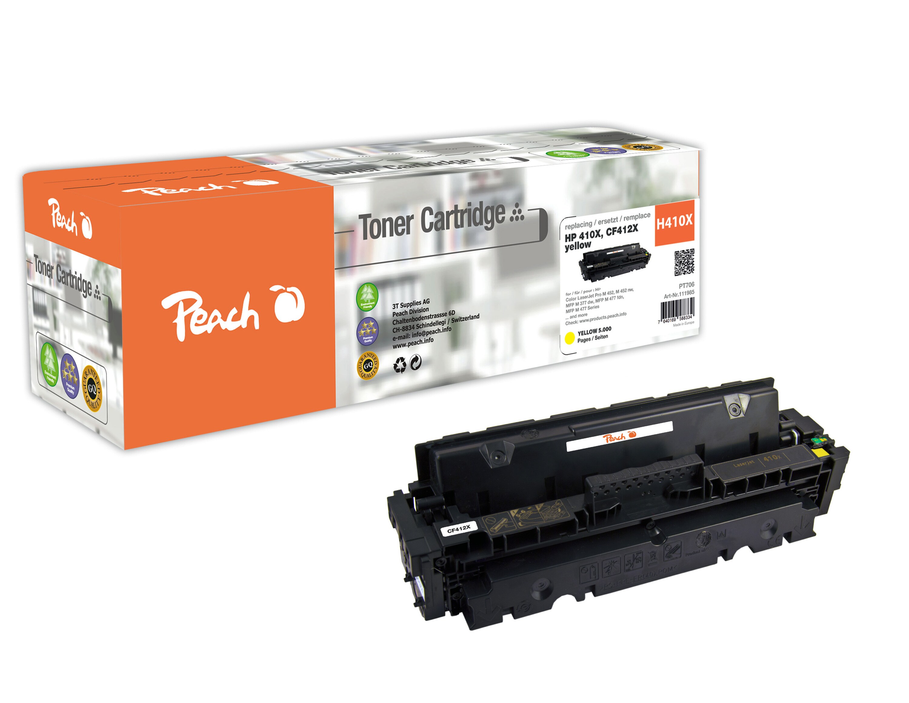 Peach HP 410 XY Toner XL ye ersetzt HP No. 410X Y, CF412X f&uuml;r z.B. HP Color LaserJet Pro M 452 dn, HP Color LaserJet Pro M 450 (wiederaufbereitet) - Bild 1