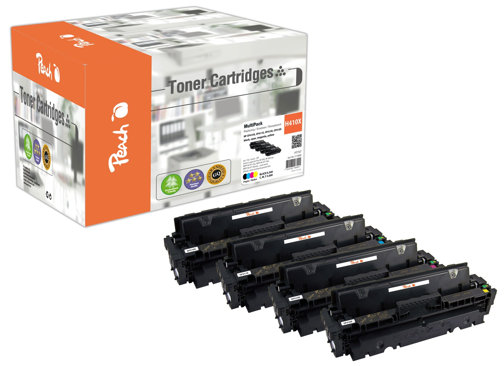 Peach HP 410 X 4 Toner XL (bk, c/m/y) ersetzt HP No. 410X, CF410X, CF411X, CF412X, CF413X für z.B. HP Color LaserJet Pro MFP M 477 fdw (wiederaufbereitet)