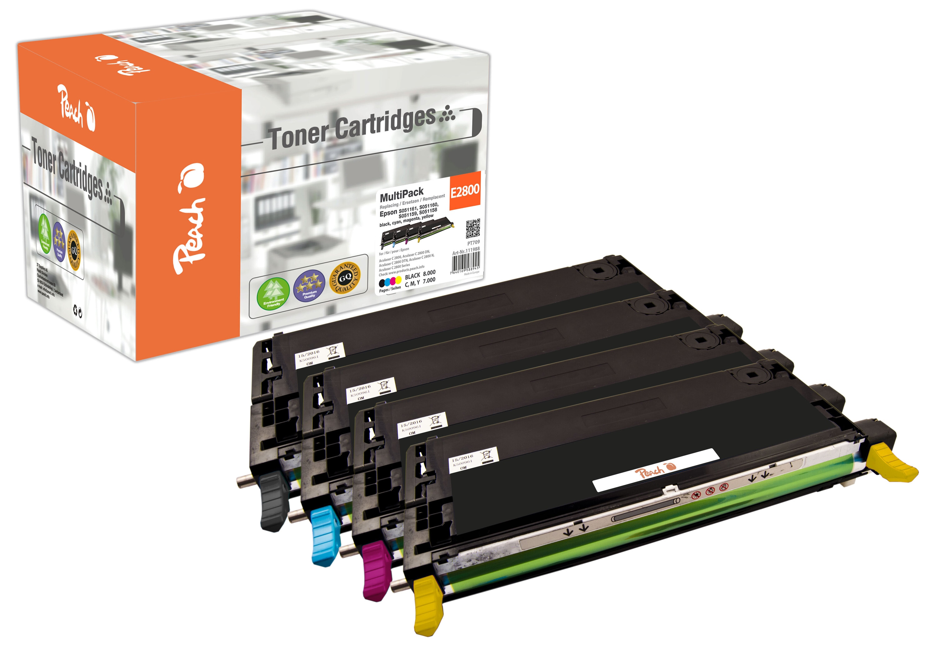 Peach E2800  4 Toner (bk, c/m/y) ersetzt Epson C13S051158-61 f&uuml;r z.B. Epson Aculaser C 2800, Epson Aculaser C 2800 DN, Epson Aculaser C 2800 DTN (wiederaufbereitet) - Bild 1
