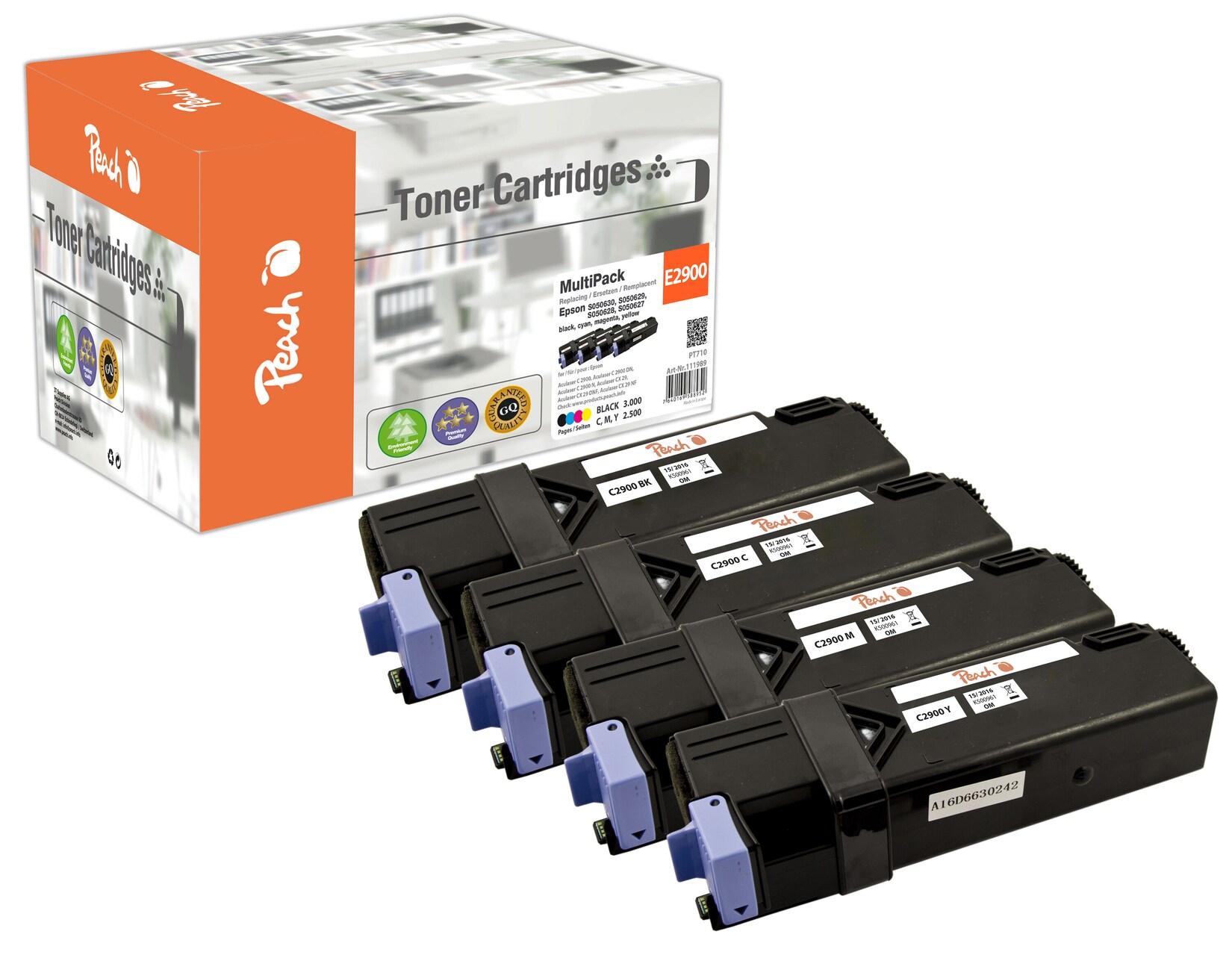 Peach E2900 4 Toner (bk, c/m/y) ersetzt Epson S050627-30, C13S050627-30 für z.B. Epson Aculaser C 2900 DN, Epson Aculaser C 2900 N (wiederaufbereitet)
