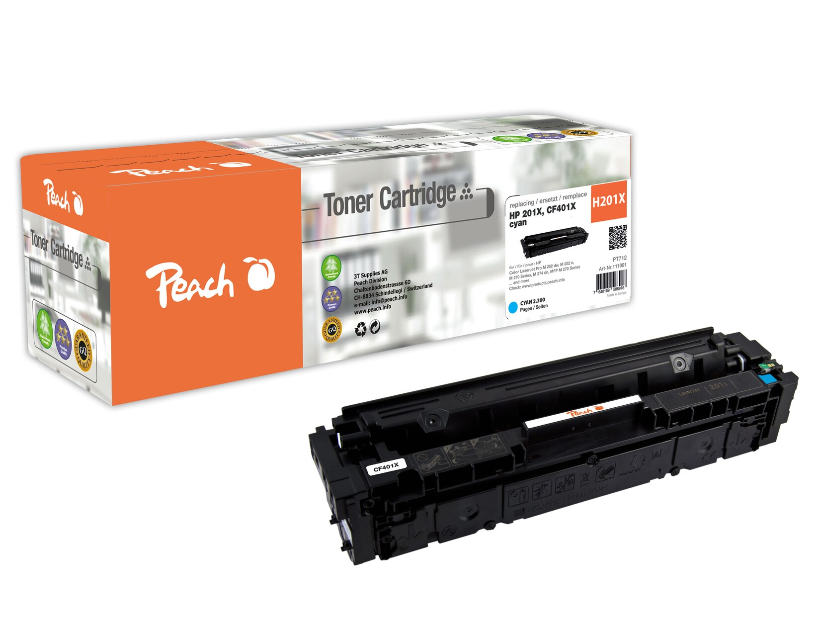 Peach HP 201 XC Toner XL cy ersetzt HP No. 201X C, CF401X für z.B. HP Color LaserJet Pro MFP M 277 dw, HP Color LaserJet Pro M 252 dw (wiederaufbereitet)