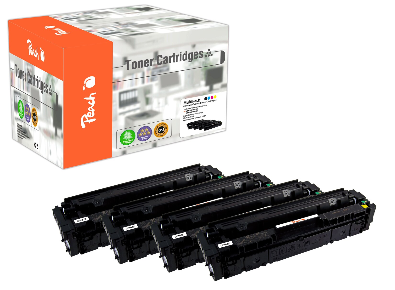 Peach HP 201 X 4 Toner XL (bk, c/m/y) ersetzt HP No. 201X, CF400X, CF401X, CF402X, CF403X für z.B. HP Color LaserJet Pro MFP M 277 dw (wiederaufbereitet)