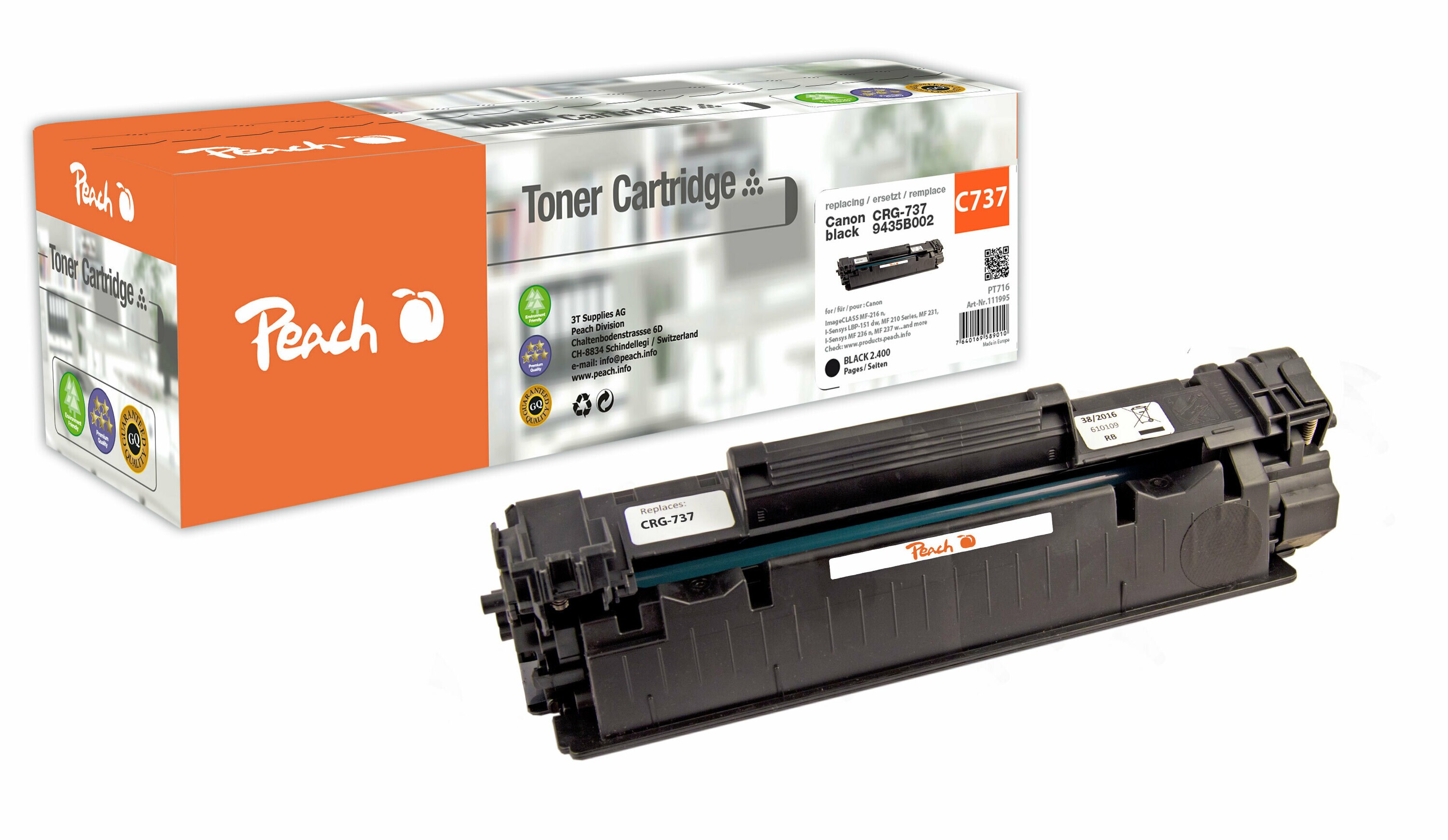 Peach HP 737  Toner bk ersetzt Canon CRG-737, 9435B002 f&uuml;r z.B. Canon ImageClass MF 216 n, Canon ISensys LBP -151 dw, Canon ISensys MF 210 (wiederaufbereitet) - Bild 1