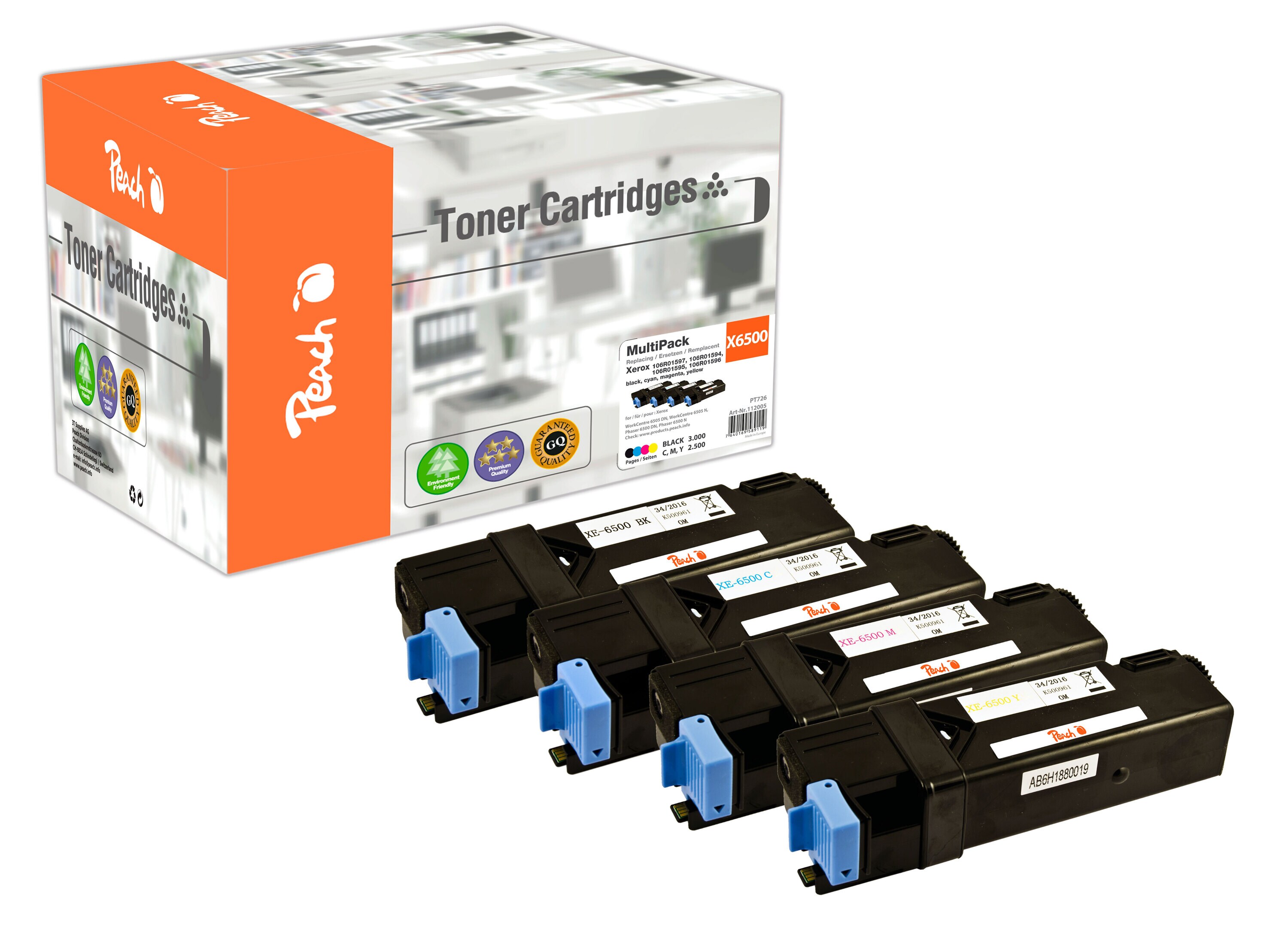 Peach X0159/0160 4 Toner (bk, c/m/y) ersetzt Xerox 106R01594-7 f&uuml;r z.B. Xerox Phaser 6500 DN, Xerox Phaser 6500 N, Xerox WC 6505 DN (wiederaufbereitet) - Bild 1