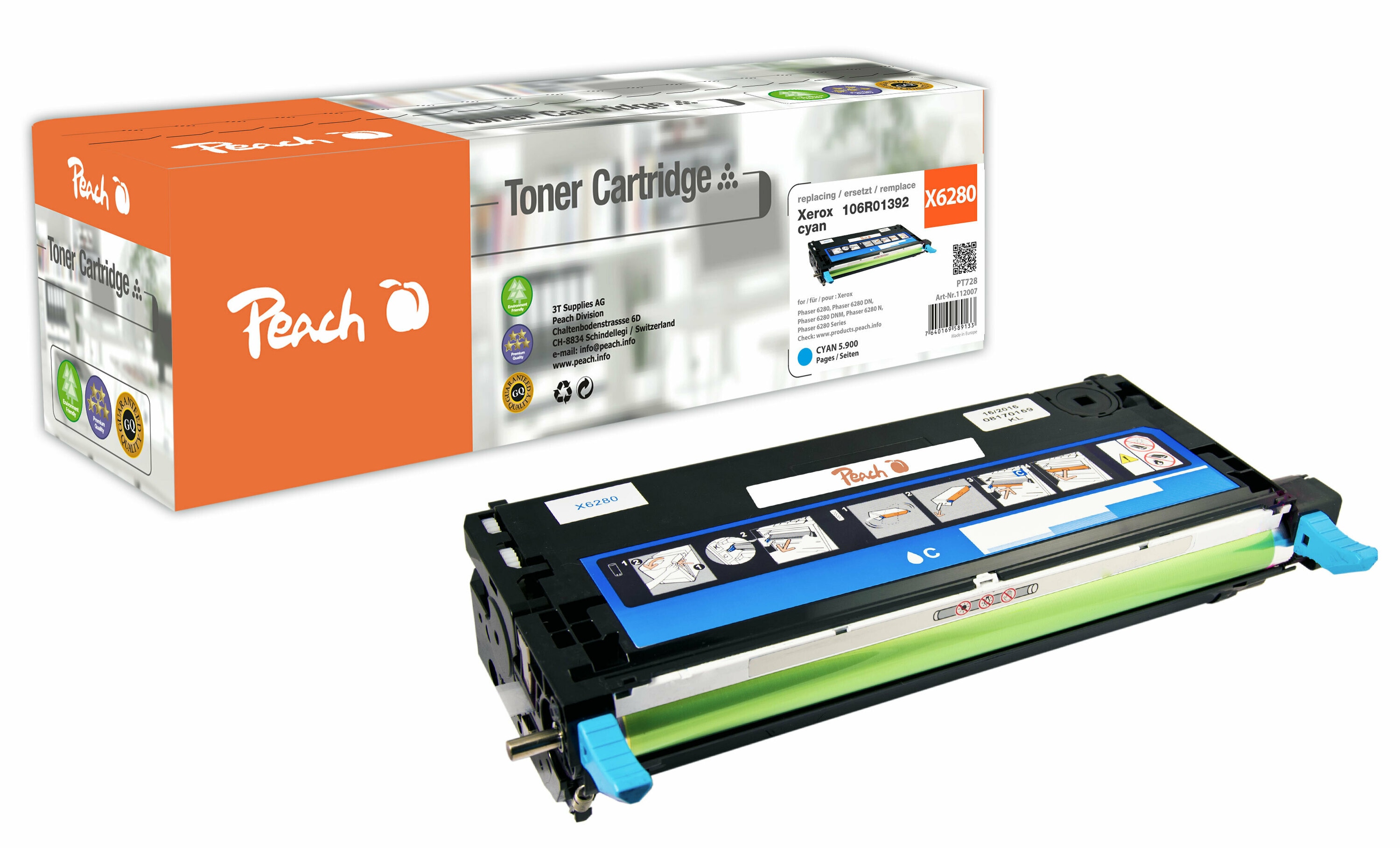 Peach X013  Toner cy ersetzt Xerox 106R01392 f&uuml;r z.B. Xerox Phaser 6280, Xerox Phaser 6280 DN, Xerox Phaser 6280 DNM, Xerox Phaser 6280 N (wiederaufbereitet) - Bild 1