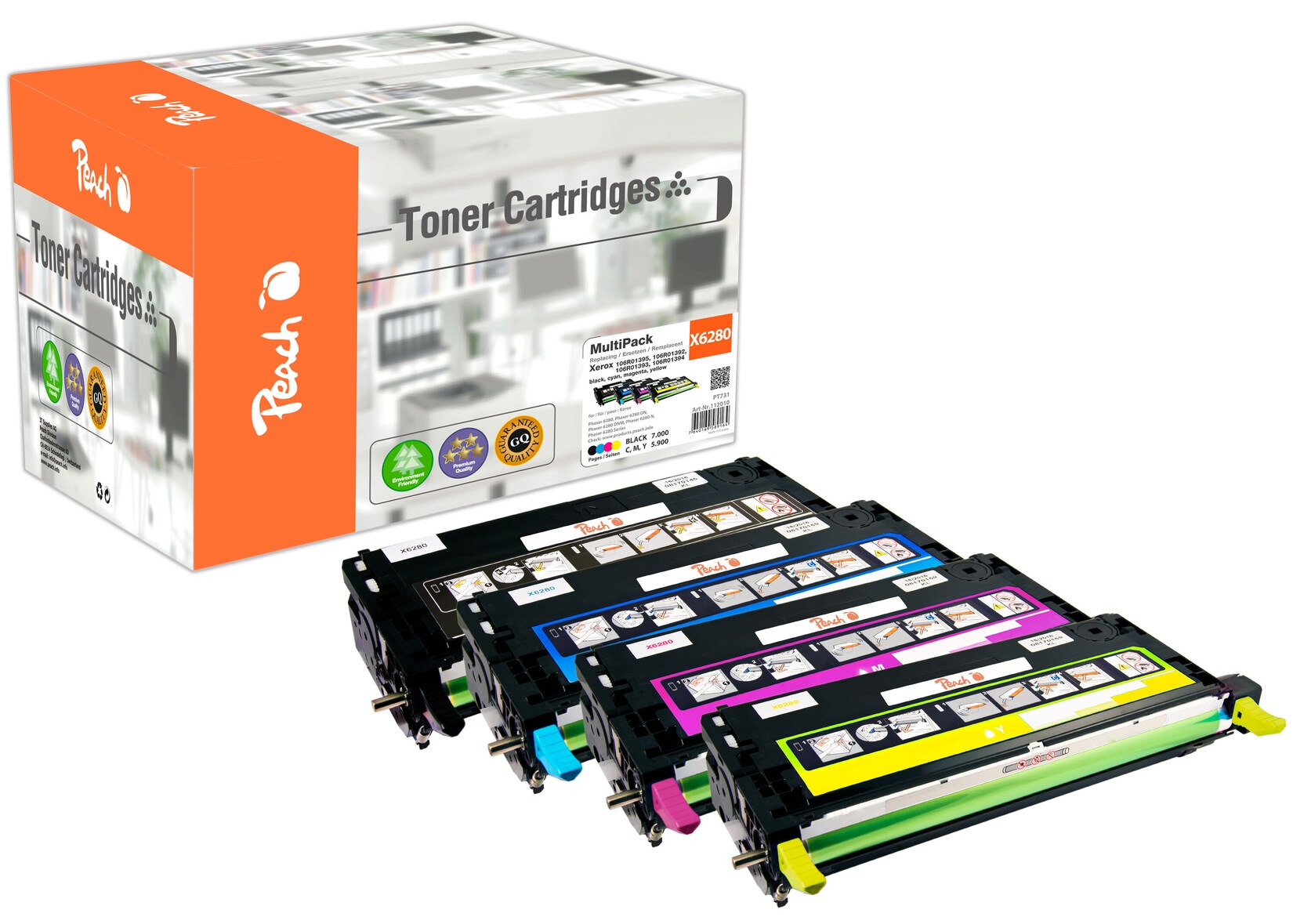 Peach X013 4 Toner (bk, c/m/y) ersetzt Xerox 106R01392-5 für z.B. Xerox Phaser 6280, Xerox Phaser 6280 DN, Xerox Phaser 6280 DNM (wiederaufbereitet)