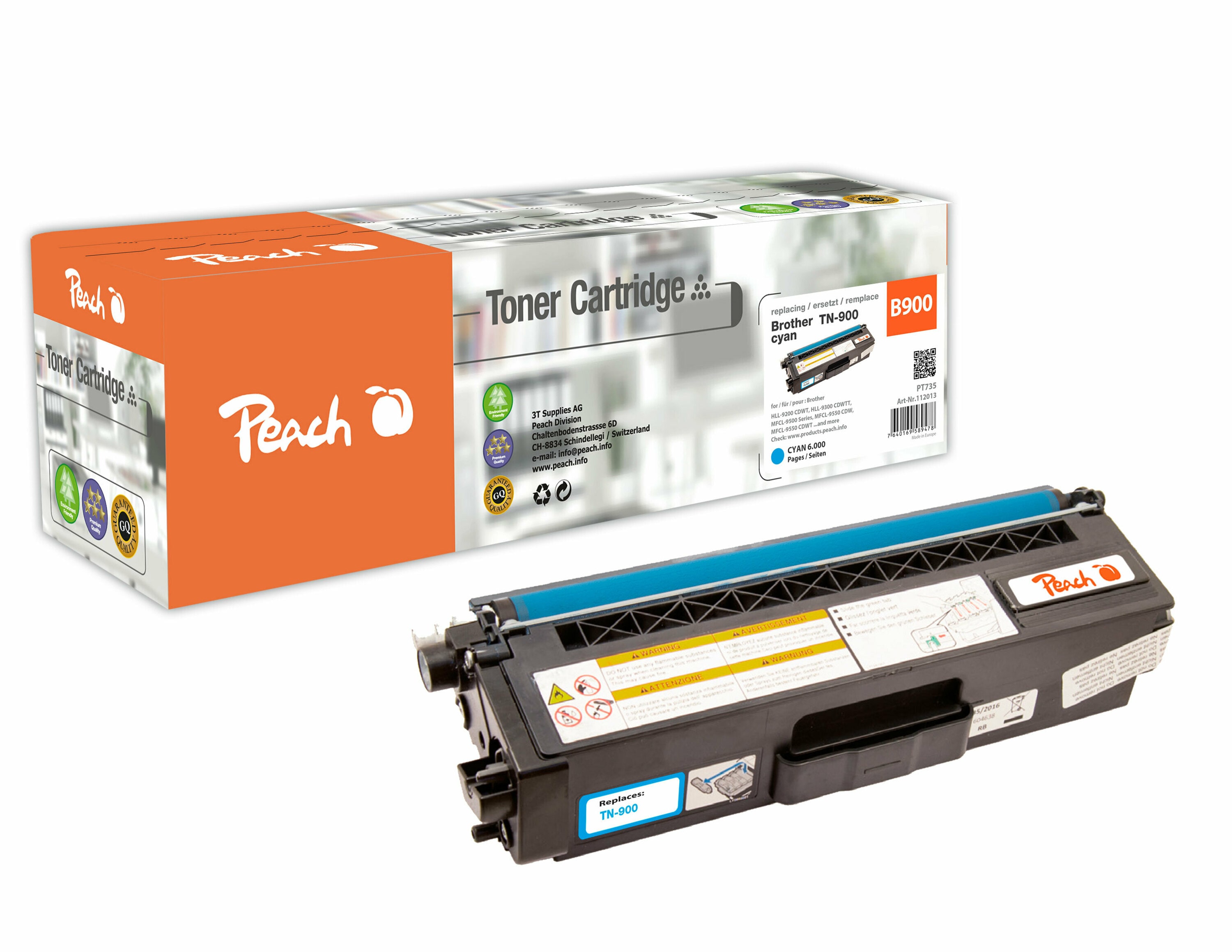 Peach B900 C Toner cy ersetzt Brother TN-900C f&uuml;r z.B. Brother HLL 9200 CDWT, Brother HLL 9300 CDWTT, Brother MFCL 9550 CDW (wiederaufbereitet) - Bild 1