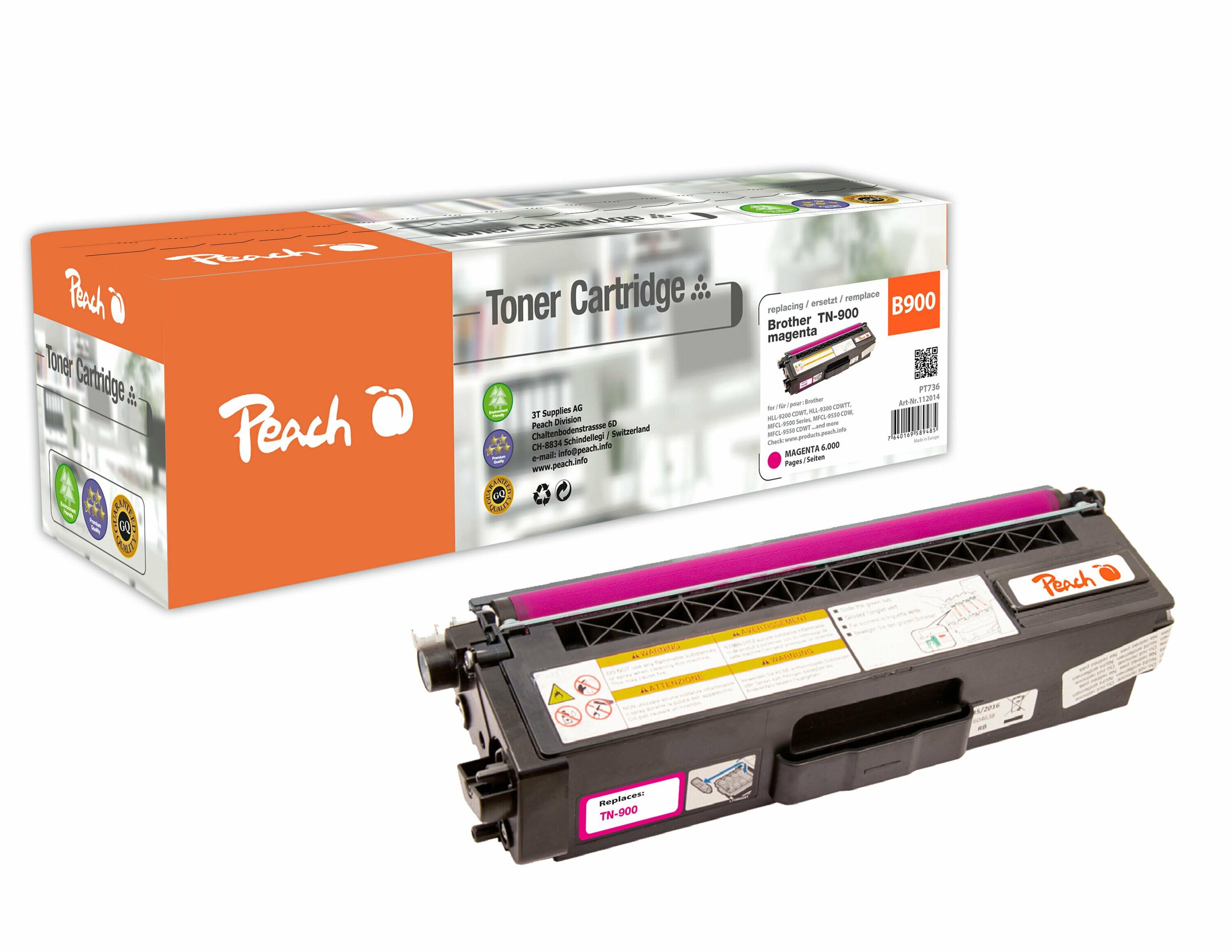 Peach B900 M Toner ma ersetzt Brother TN-900M f&uuml;r z.B. Brother HLL 9200 CDWT, Brother HLL 9300 CDWTT, Brother MFCL 9550 CDW (wiederaufbereitet) - Bild 1