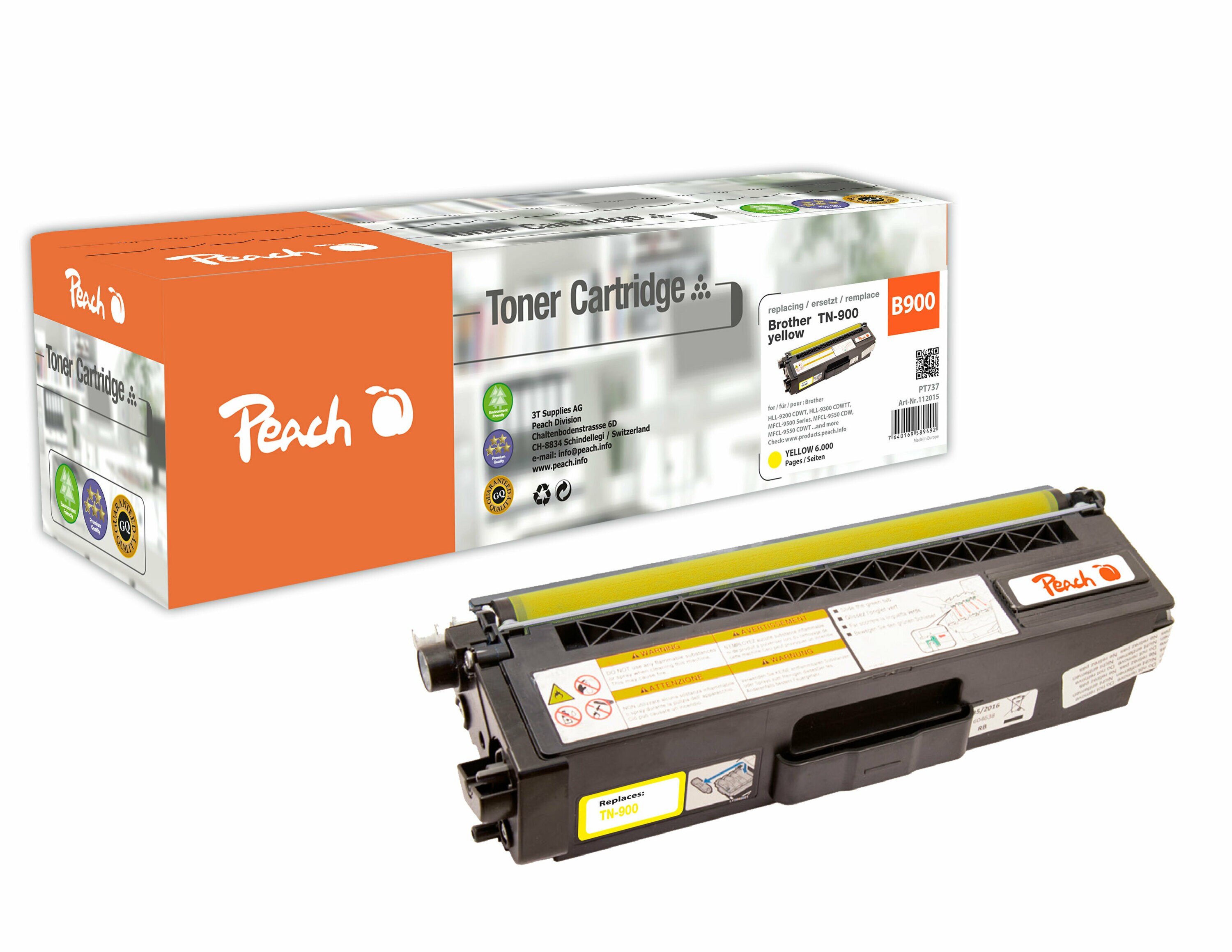 Peach B900 Y Toner ye ersetzt Brother TN-900Y f&uuml;r z.B. Brother HLL 9200 CDWT, Brother HLL 9300 CDWTT, Brother MFCL 9550 CDW (wiederaufbereitet) - Bild 1