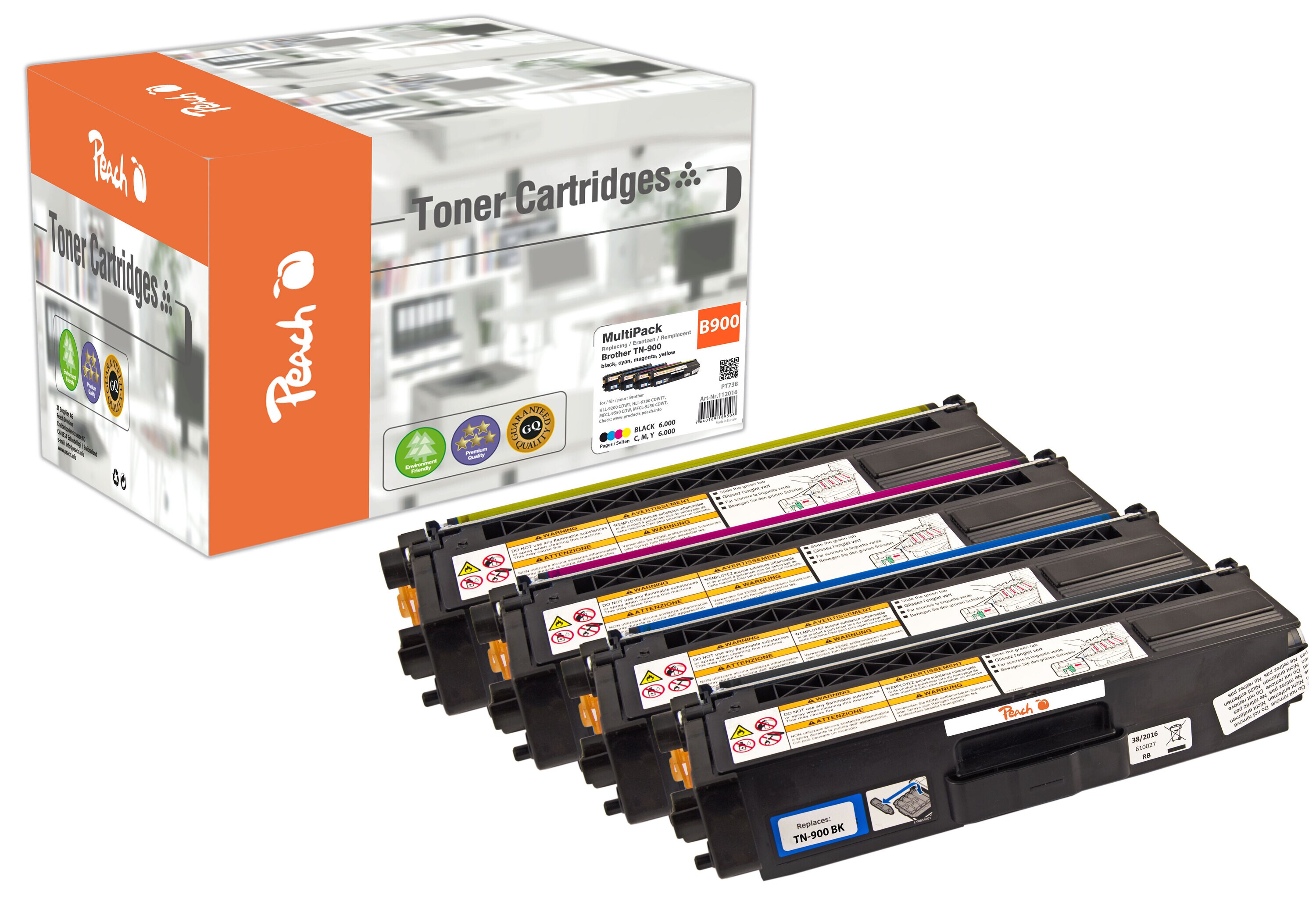 Peach B900  4 Toner (bk, c/m/y) ersetzt Brother TN-900 f&uuml;r z.B. Brother HLL 9200 CDWT, Brother HLL 9300 CDWTT, Brother MFCL 9550 CDW (wiederaufbereitet) - Bild 1