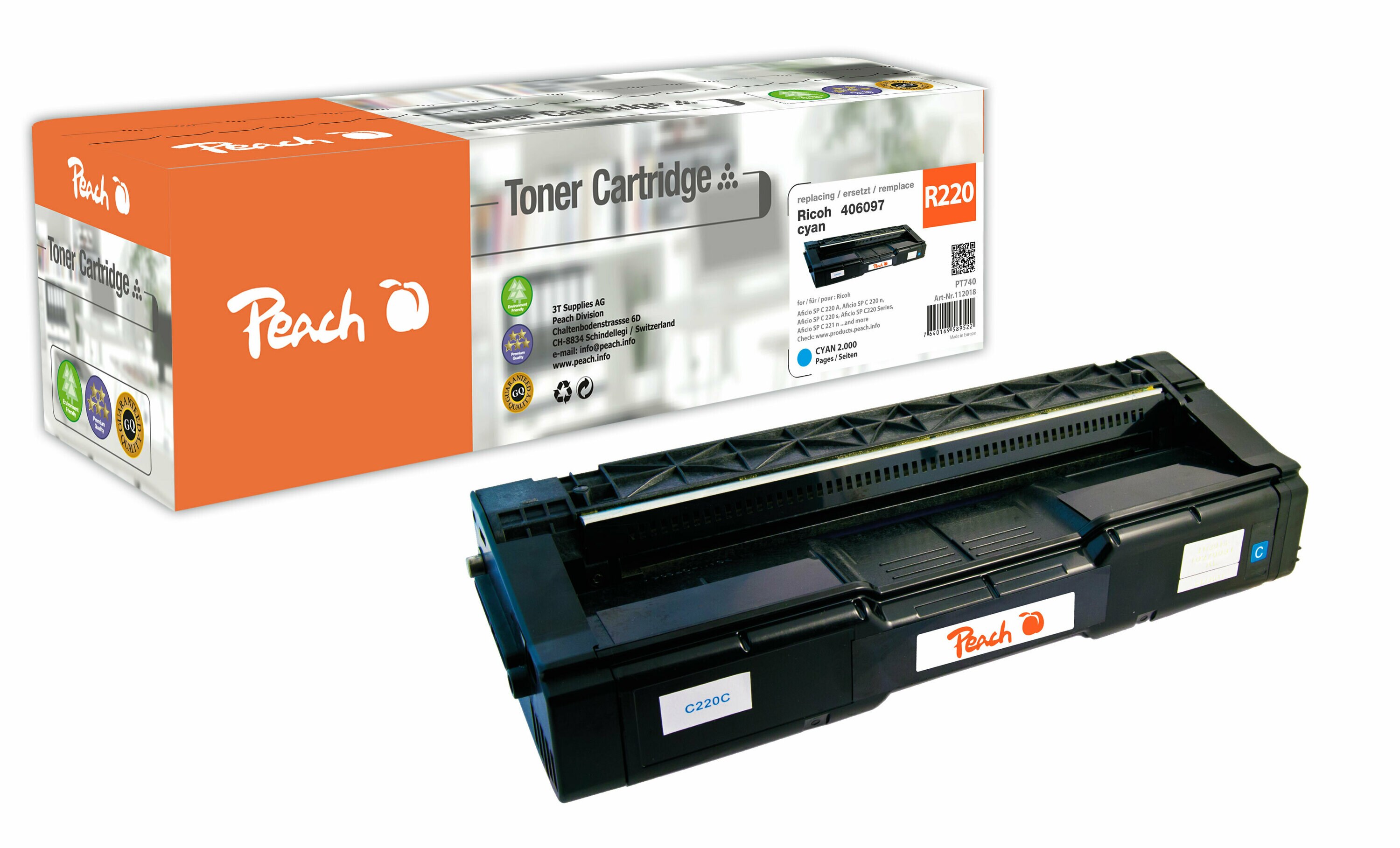 Peach R220/240 Toner cy ersetzt Ricoh 406097 f&uuml;r z.B. Ricoh Aficio SP C 220 A, Ricoh Aficio SP C 220 n, Ricoh Aficio SP C 220 s (wiederaufbereitet) - Bild 1