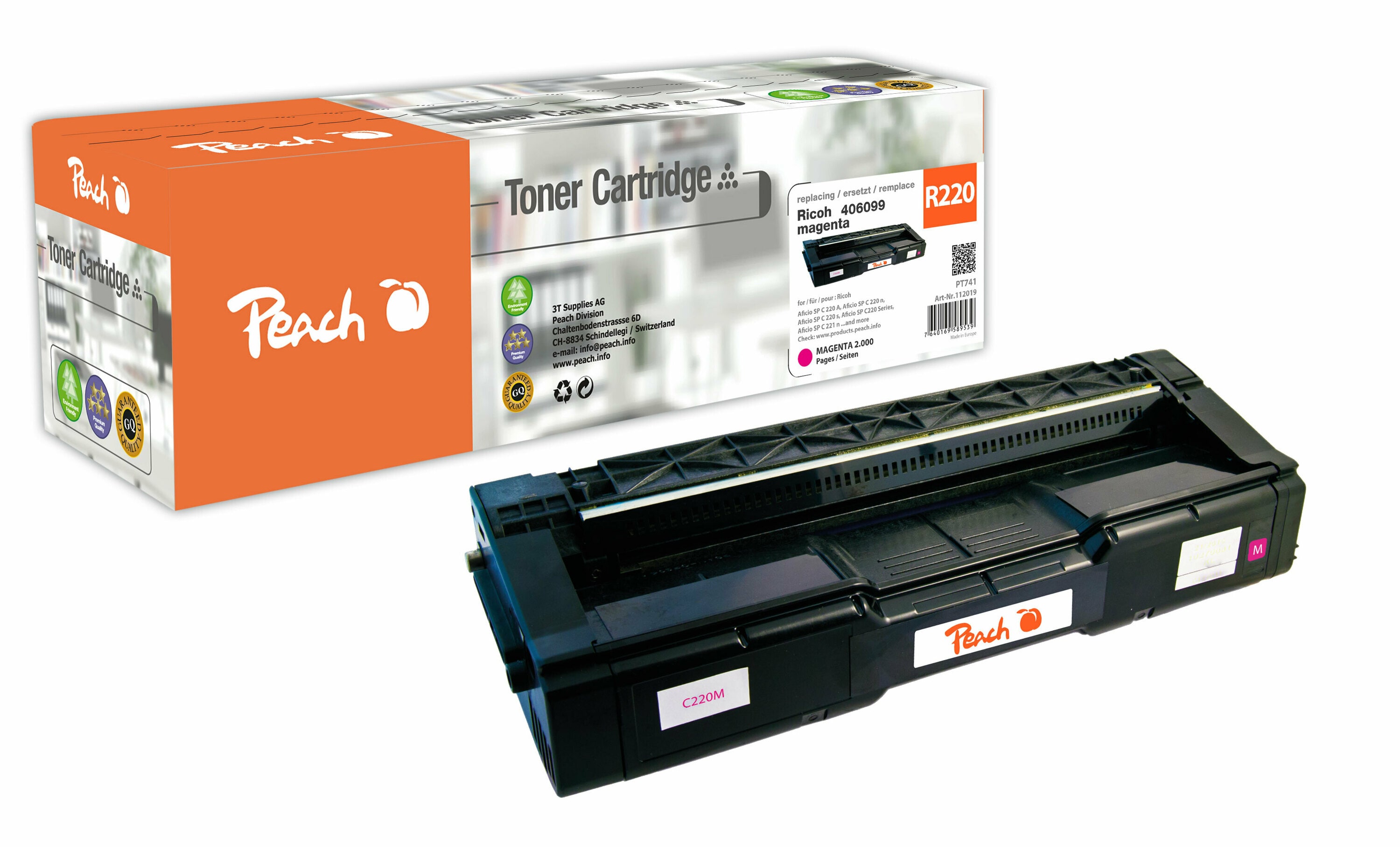 Peach R220/240 Toner ma ersetzt Ricoh 406099 f&uuml;r z.B. Ricoh Aficio SP C 220 A, Ricoh Aficio SP C 220 n, Ricoh Aficio SP C 220 s (wiederaufbereitet) - Bild 1