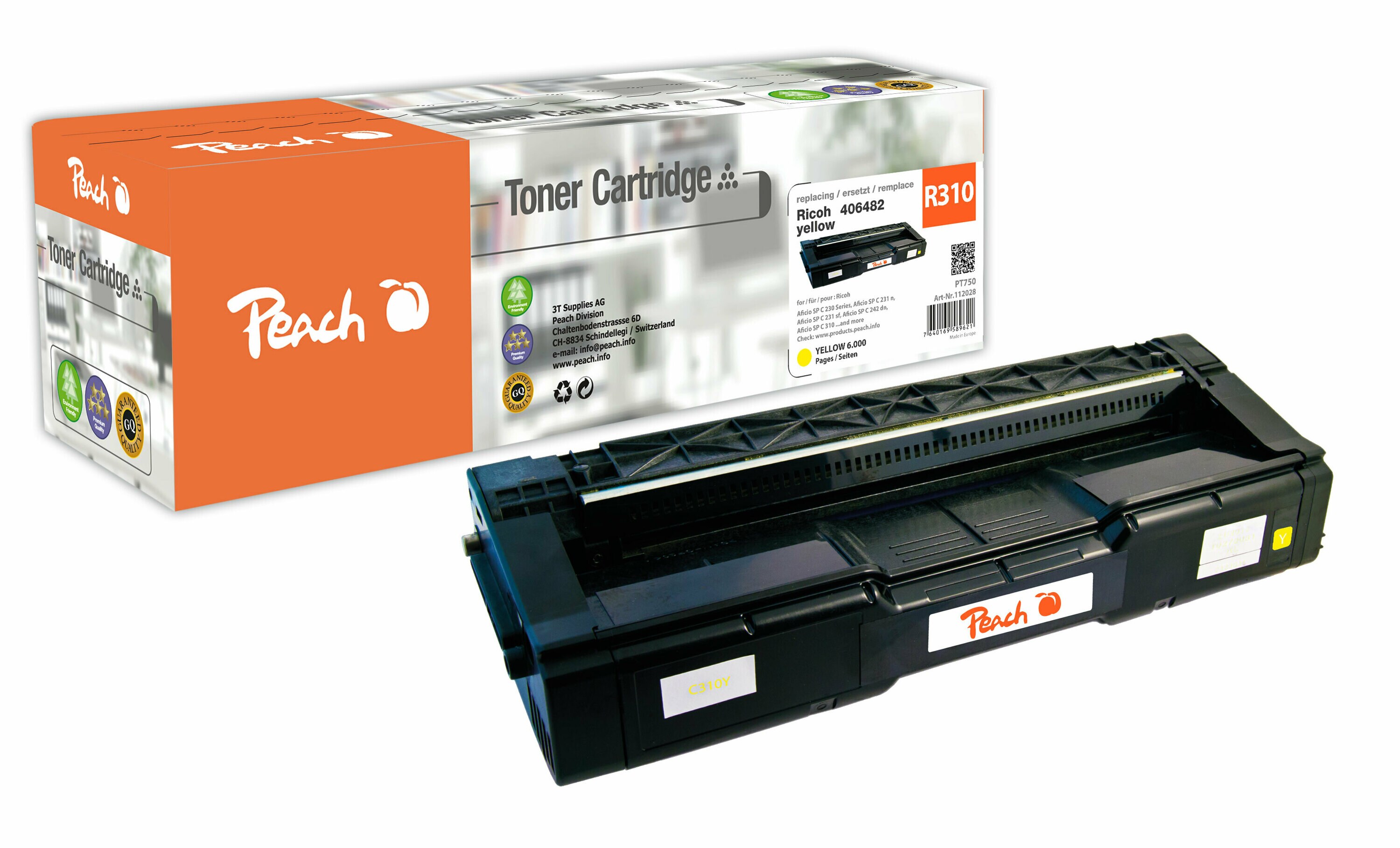 Peach R310  Toner ye ersetzt Ricoh SP C310Y, 406482 f&uuml;r z.B. Ricoh Aficio SP C 230, Ricoh Aficio SP C 231 n, Ricoh Aficio SP C 231 sf (wiederaufbereitet) - Bild 1