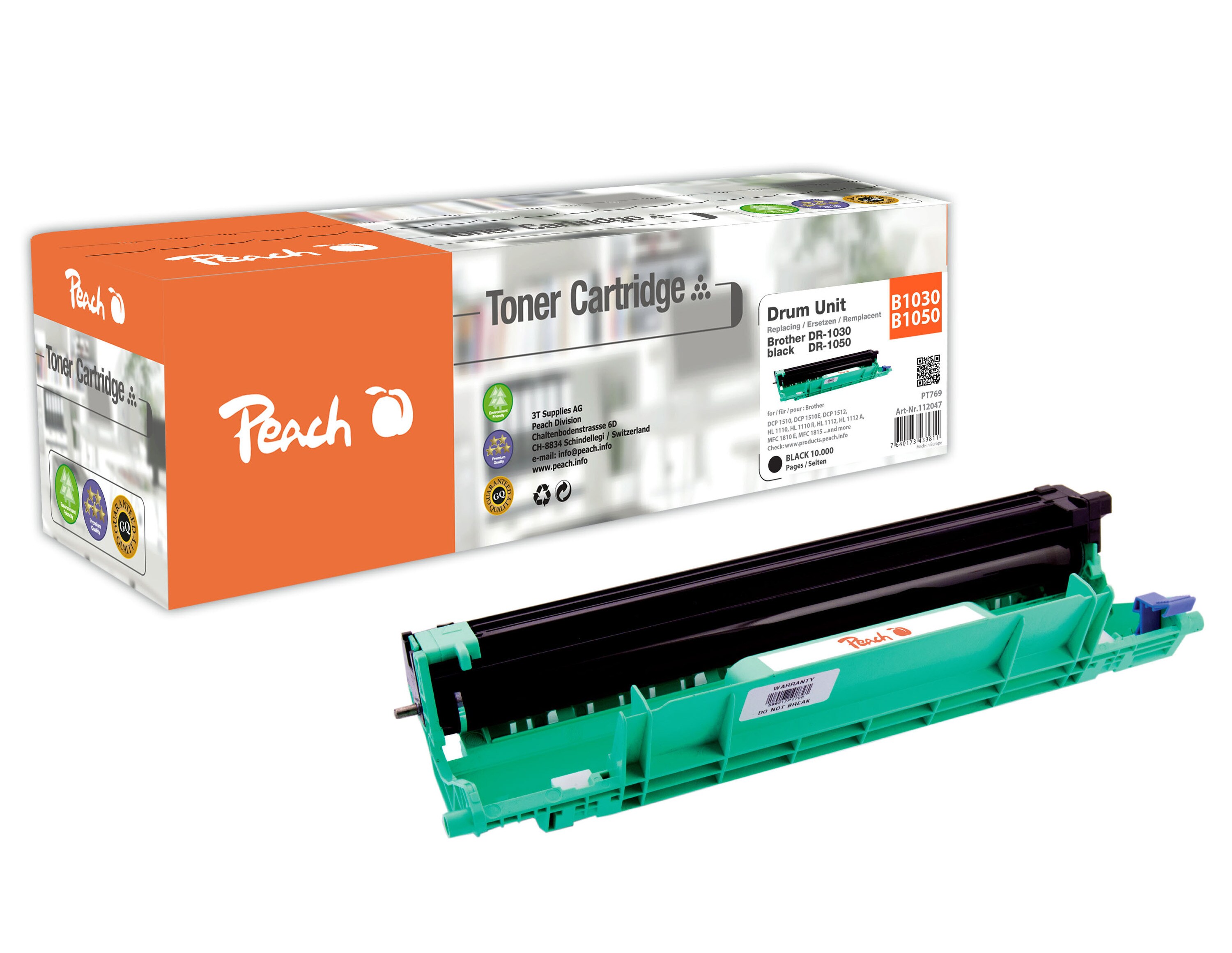 Peach B1030  Trommeleinheit bk ersetzt Brother DR-1030, DR-1050 f&uuml;r z.B. Brother DCP -1510, Brother DCP -1510 E, Brother DCP -1512, Brother HL -1110 (wiederaufbereitet) - Bild 1