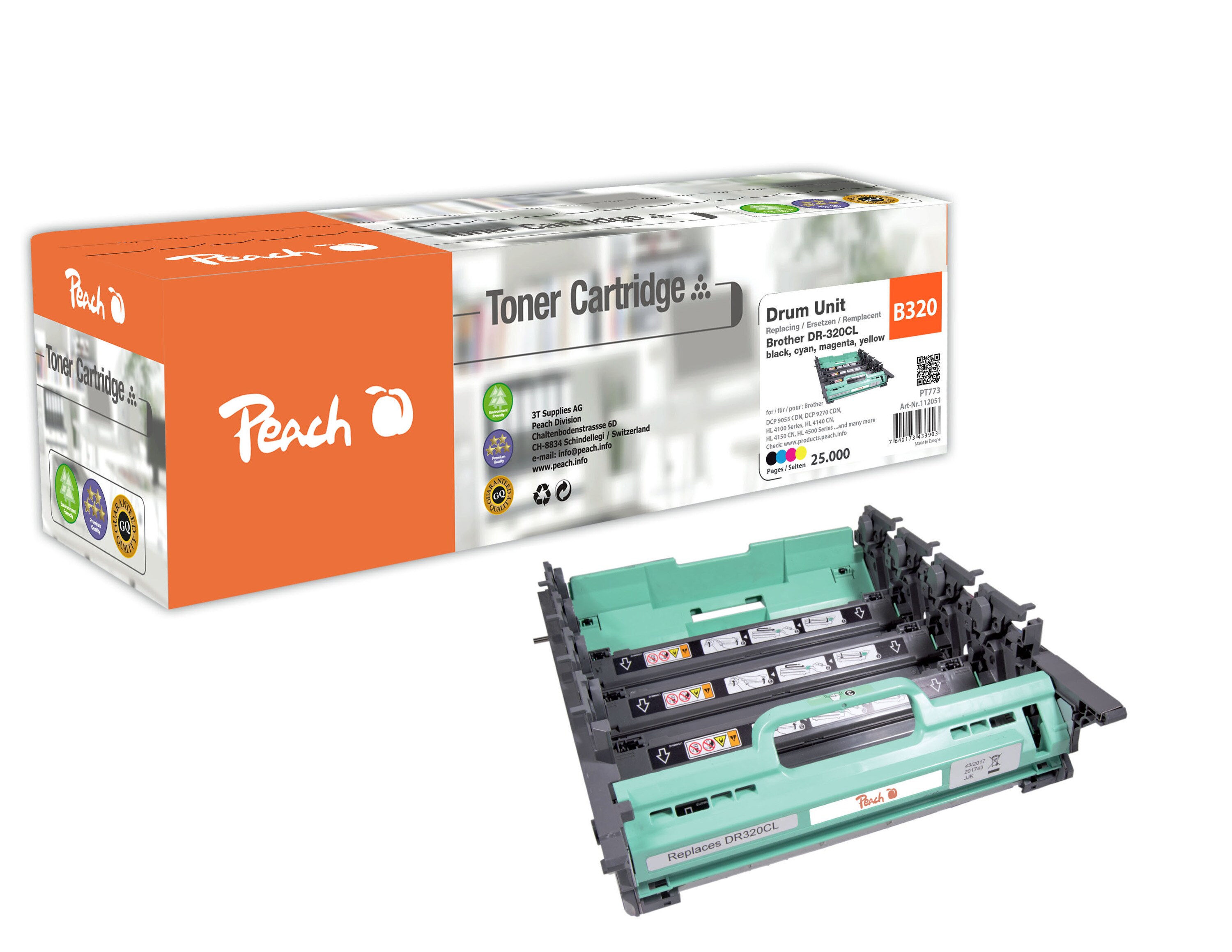 Peach B320 CL Trommeleinheiten col ersetzt Brother DR-320CL f&uuml;r z.B. Brother DCP -9055 CDN, Brother DCP -9270 CDN, Brother HL -4100, Brother HL -4500 (wiederaufbereitet) - Bild 1