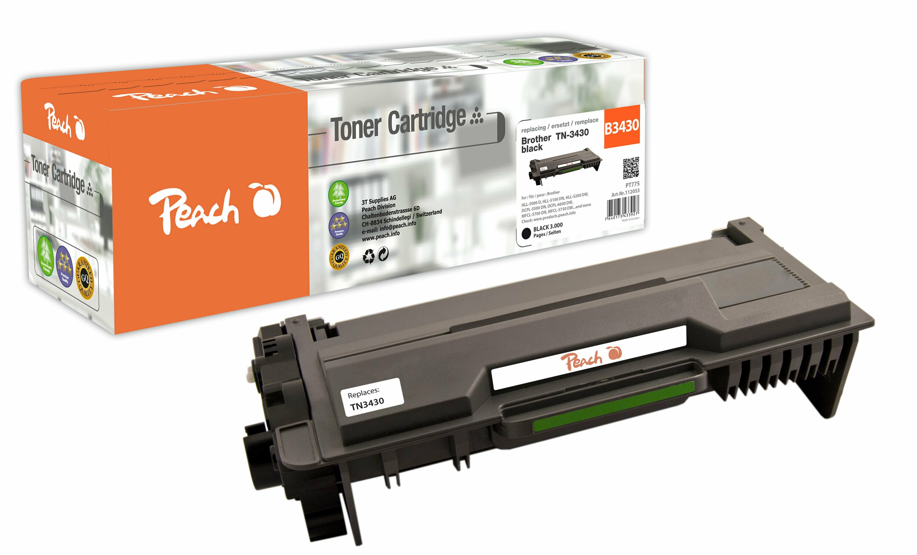 Peach B3430  Toner bk ersetzt Brother TN-3430 f&uuml;r z.B. Brother HLL 5100 DN, Brother HLL 5050 DN, Brother DCPL 5500 DN, Brother DCPL 6600 DW (wiederaufbereitet) - Bild 1