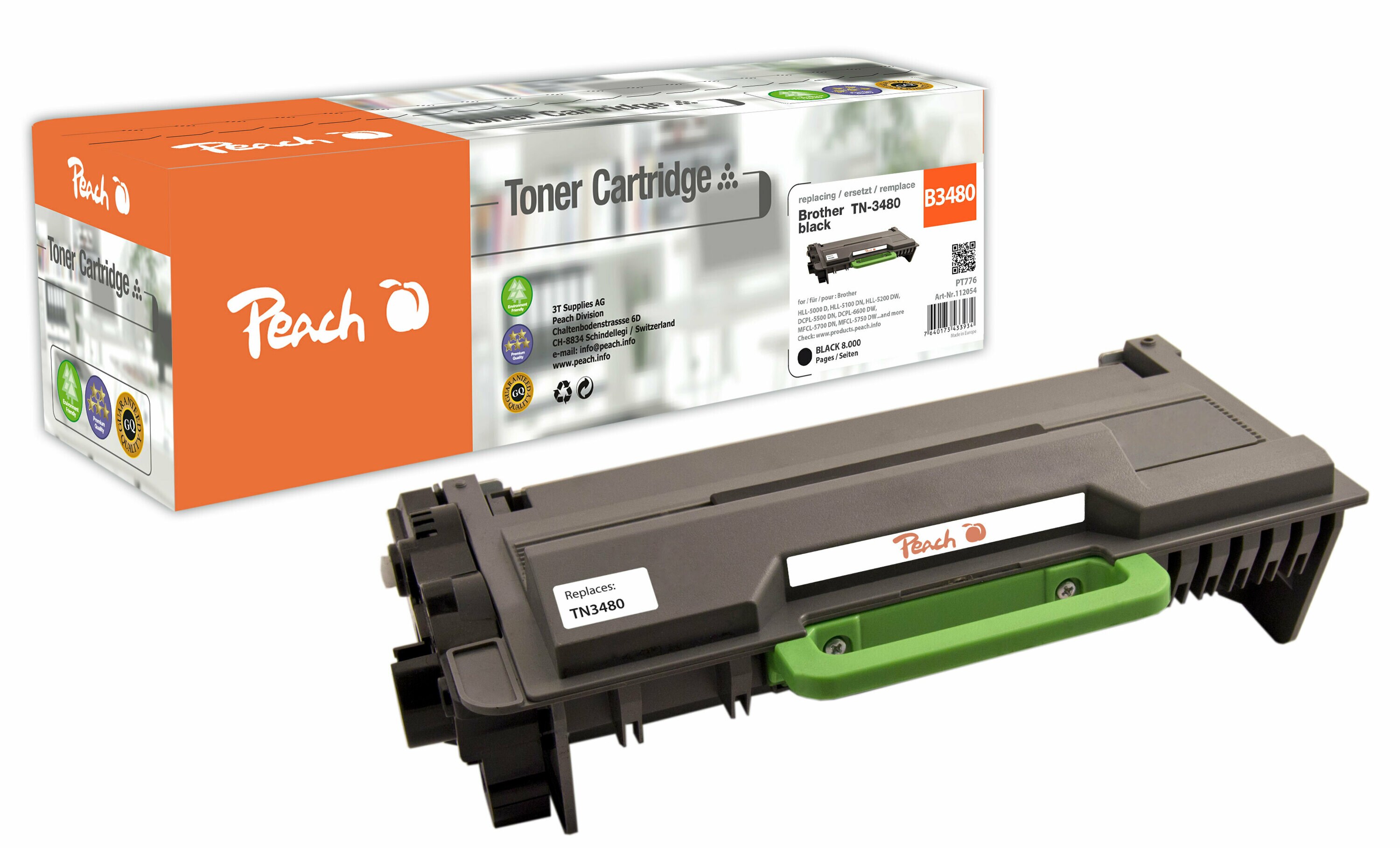 Peach B3480  Toner XL bk ersetzt Brother TN-3480 f&uuml;r z.B. Brother DCPL 5500 DN, Brother DCPL 6600 DW, Brother HLL 5000 D, Brother HLL 5100 DN (wiederaufbereitet) - Bild 1