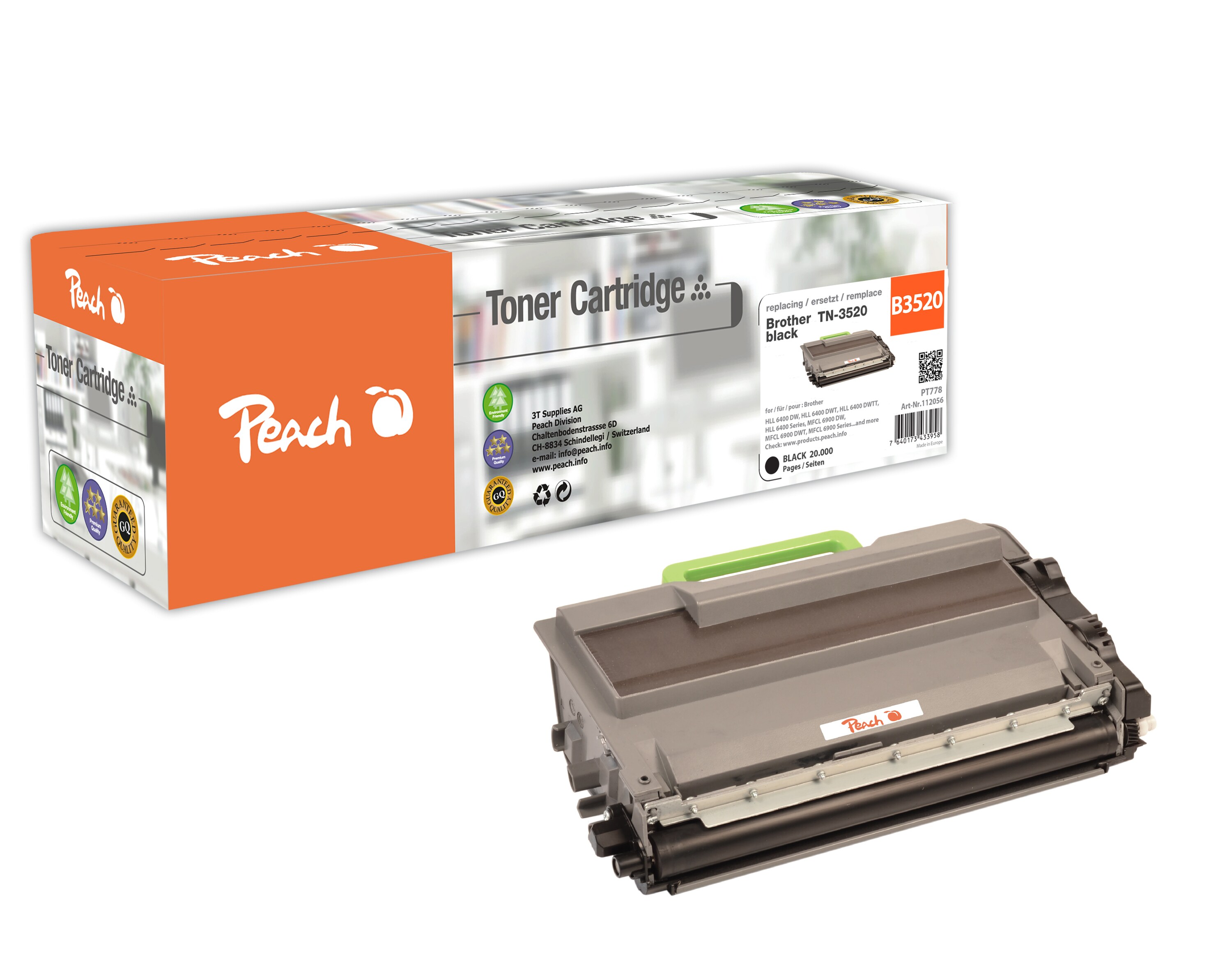 Peach B3520  Toner XL bk ersetzt Brother TN-3520 f&uuml;r z.B. Brother HLL 6400 DW, Brother HLL 6400 DWT, Brother HLL 6400 DWTT, Brother MFCL 6900 DW (wiederaufbereitet) - Bild 1