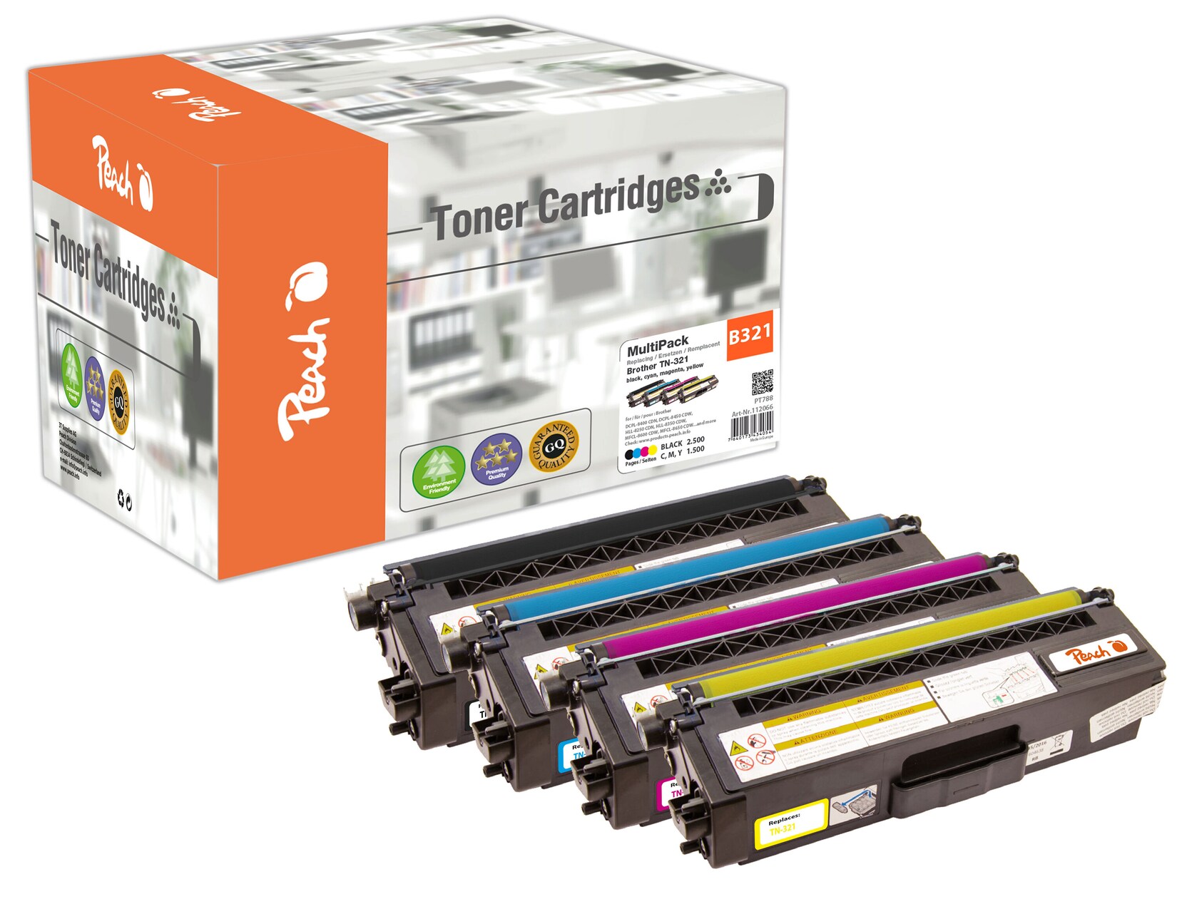 Peach B321 4 Toner (bk, c/m/y) ersetzt Brother TN-321 für z.B. Brother DCPL 8400 CDN, Brother DCPL 8450 CDW, Brother HLL 8250 CDN (wiederaufbereitet)