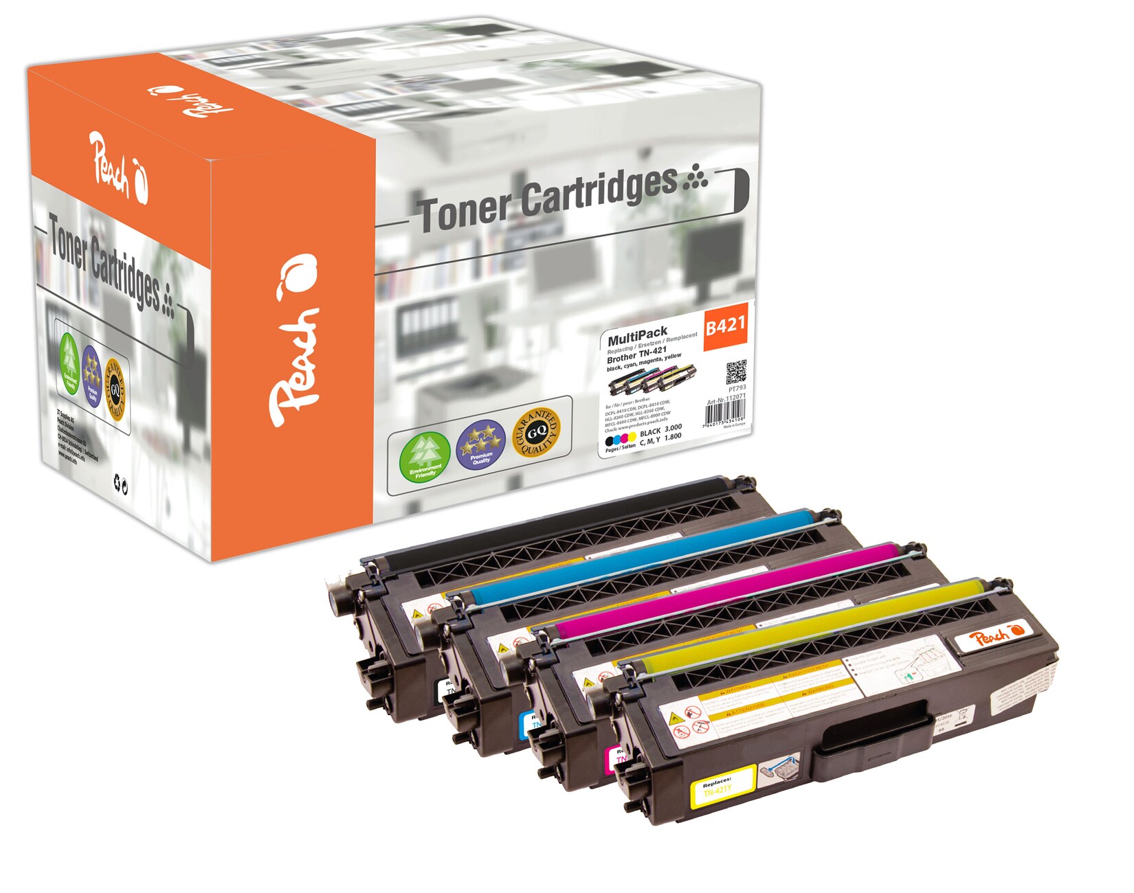 Peach B421 4 Toner (bk, c/m/y) ersetzt Brother TN-421 für z.B. Brother DCPL 8410 CDW, Brother MFCL 8690 CDW, Brother DCPL 8410 CDN (wiederaufbereitet)