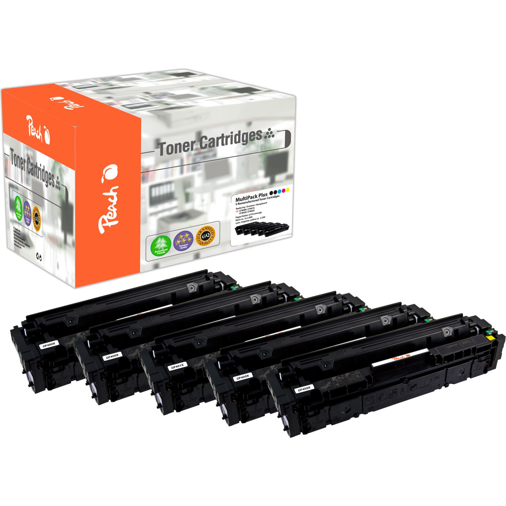 Peach HP 201 X 5 Toner XL (2*bk, c/m/y) ersetzt HP No. 201X, CF400X*2, CF401X, CF402X, CF403X für z.B. HP Color LaserJet Pro MFP M 277 dw (wiederaufbereitet)