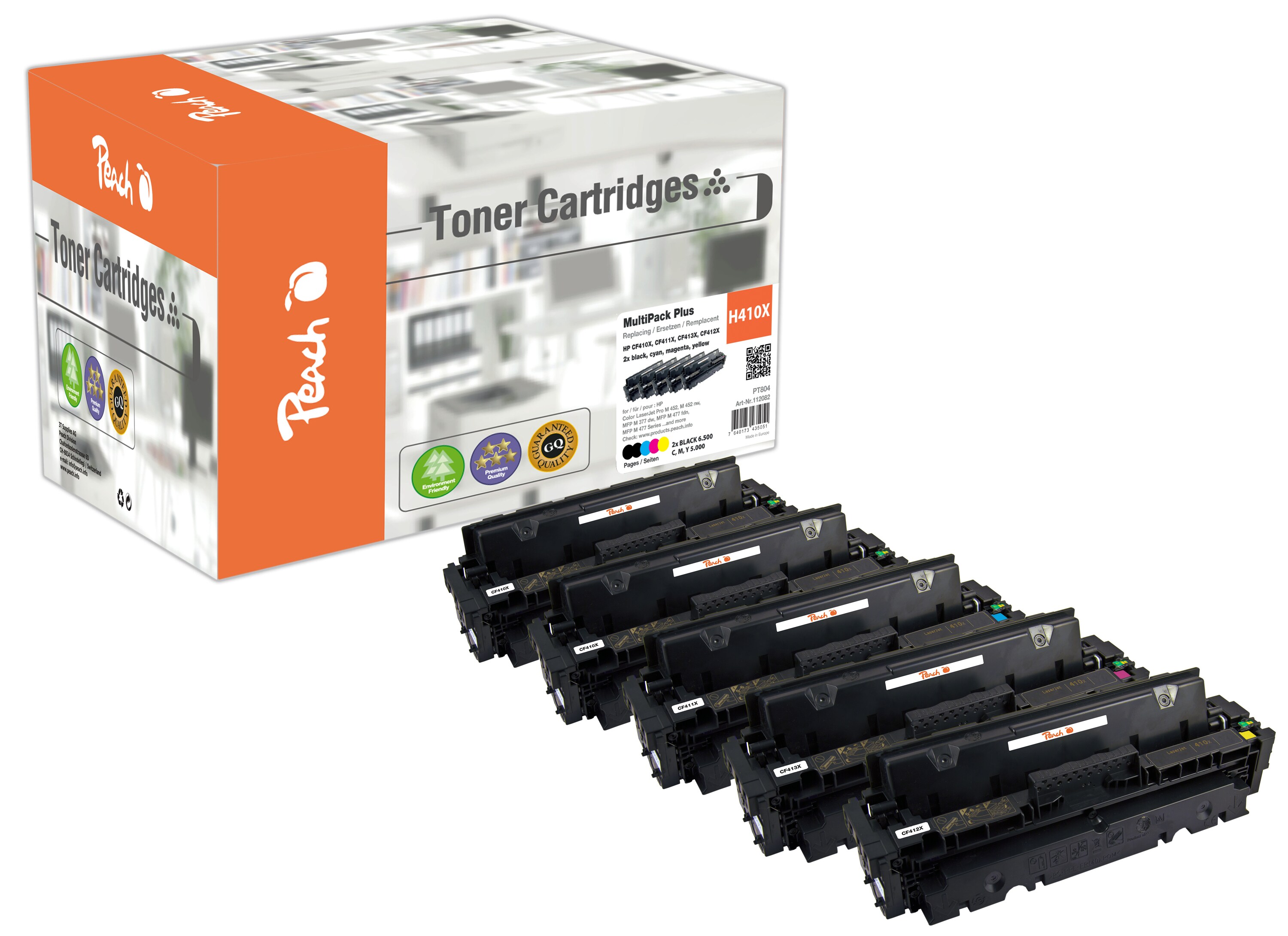 Peach HP 410 X 5 Toner XL (2*bk, c/m/y) ersetzt HP No. 410X, CF410X*2, CF411X, CF412X, CF413X f&uuml;r z.B. HP Color LaserJet Pro M 452 dn (wiederaufbereitet) - Bild 1