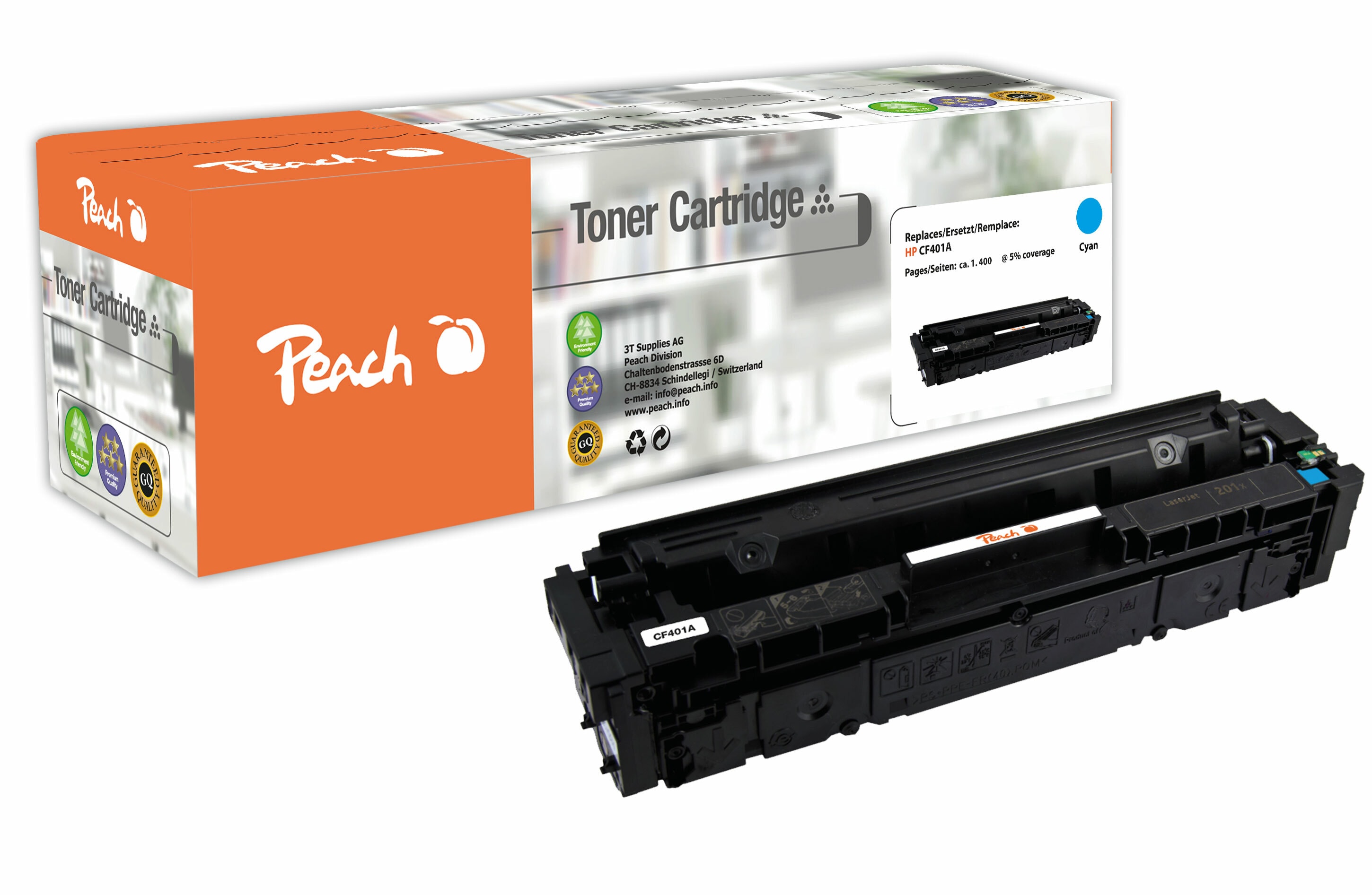 Peach HP 201 AC Toner cy ersetzt HP No. 201A C, CF401A f&uuml;r z.B. HP Color LaserJet Pro MFP M 277 dw, HP Color LaserJet Pro MFP M 277 n (wiederaufbereitet) - Bild 1