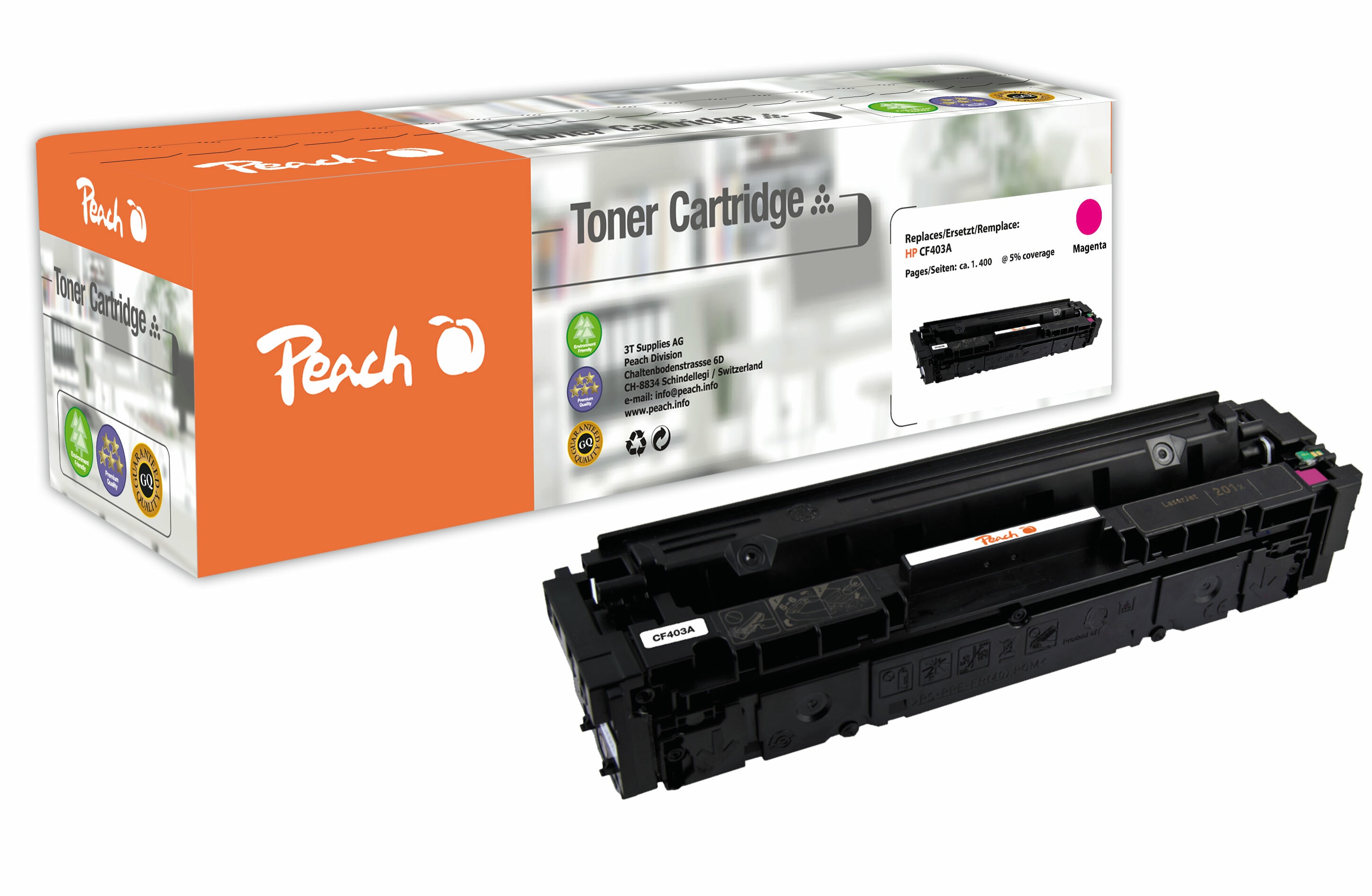 Peach HP 201 AM Toner ma ersetzt HP No. 201A M, CF403A f&uuml;r z.B. HP Color LaserJet Pro M 252 dw, HP Color LaserJet Pro MFP M 277 dw (wiederaufbereitet) - Bild 1