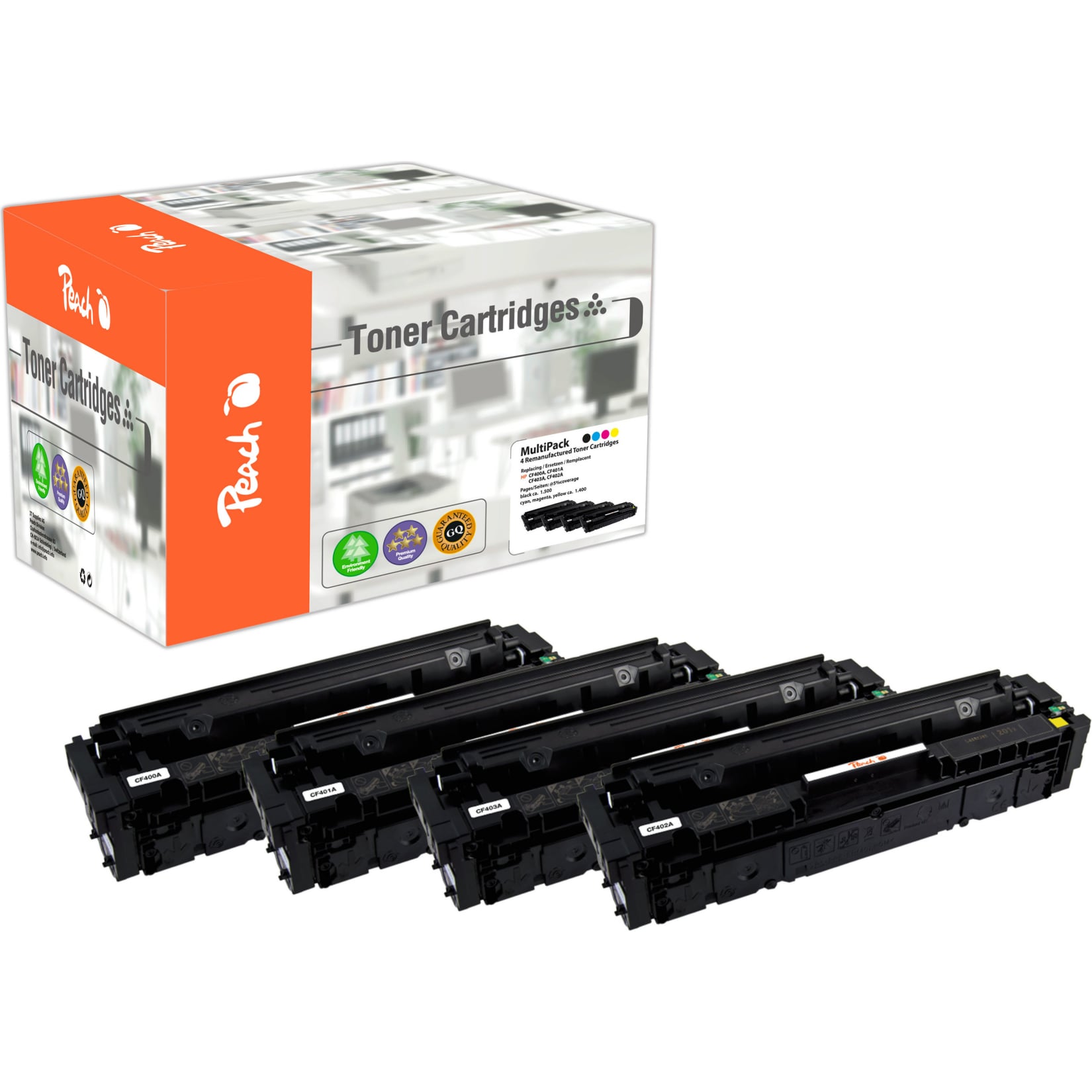 Peach HP 201 A 4 Toner (bk, c/m/y) ersetzt HP No. 201A, CF400A, CF401A, CF402A, CF403A f&uuml;r z.B. HP Color LaserJet Pro MFP M 277 dw (wiederaufbereitet) - Bild 1