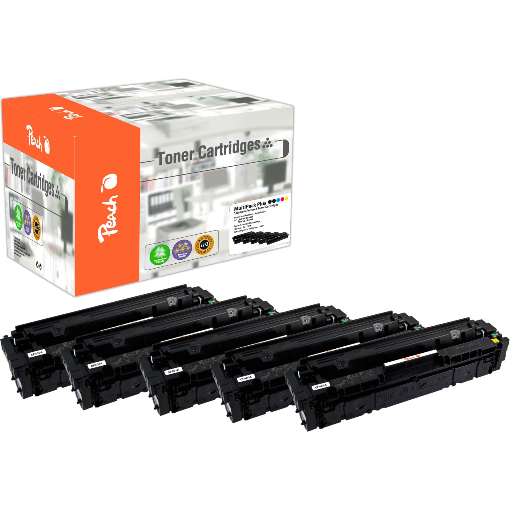 Peach HP 201 A 5 Toner (2*bk, c/m/y) ersetzt HP No. 201A, CF400A*2, CF401A, CF402A, CF403A f&uuml;r z.B. HP Color LaserJet Pro MFP M 277 dw (wiederaufbereitet) - Bild 1
