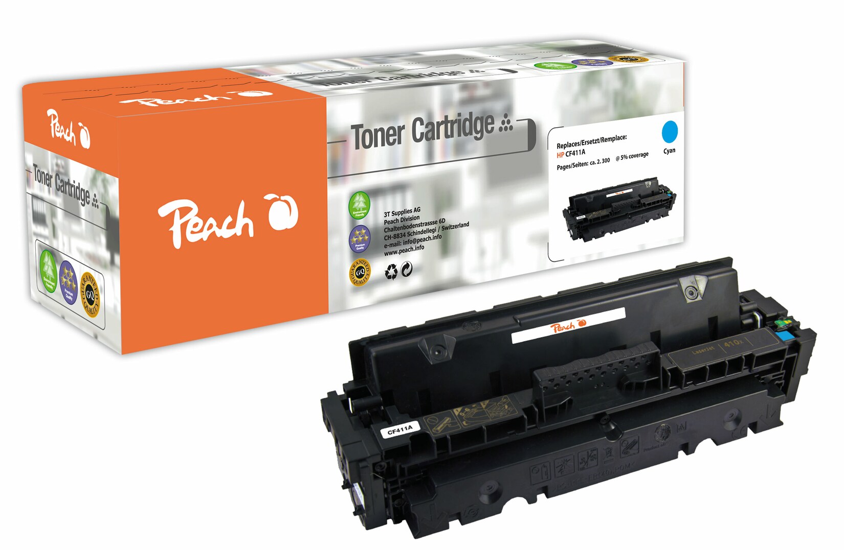 Peach HP 410 AC Toner cy ersetzt HP No. 410A C, CF411A für z.B. HP Color LaserJet Pro MFP M 477 fdw, HP Color LaserJet Pro MFP M 477 fnw (wiederaufbereitet)