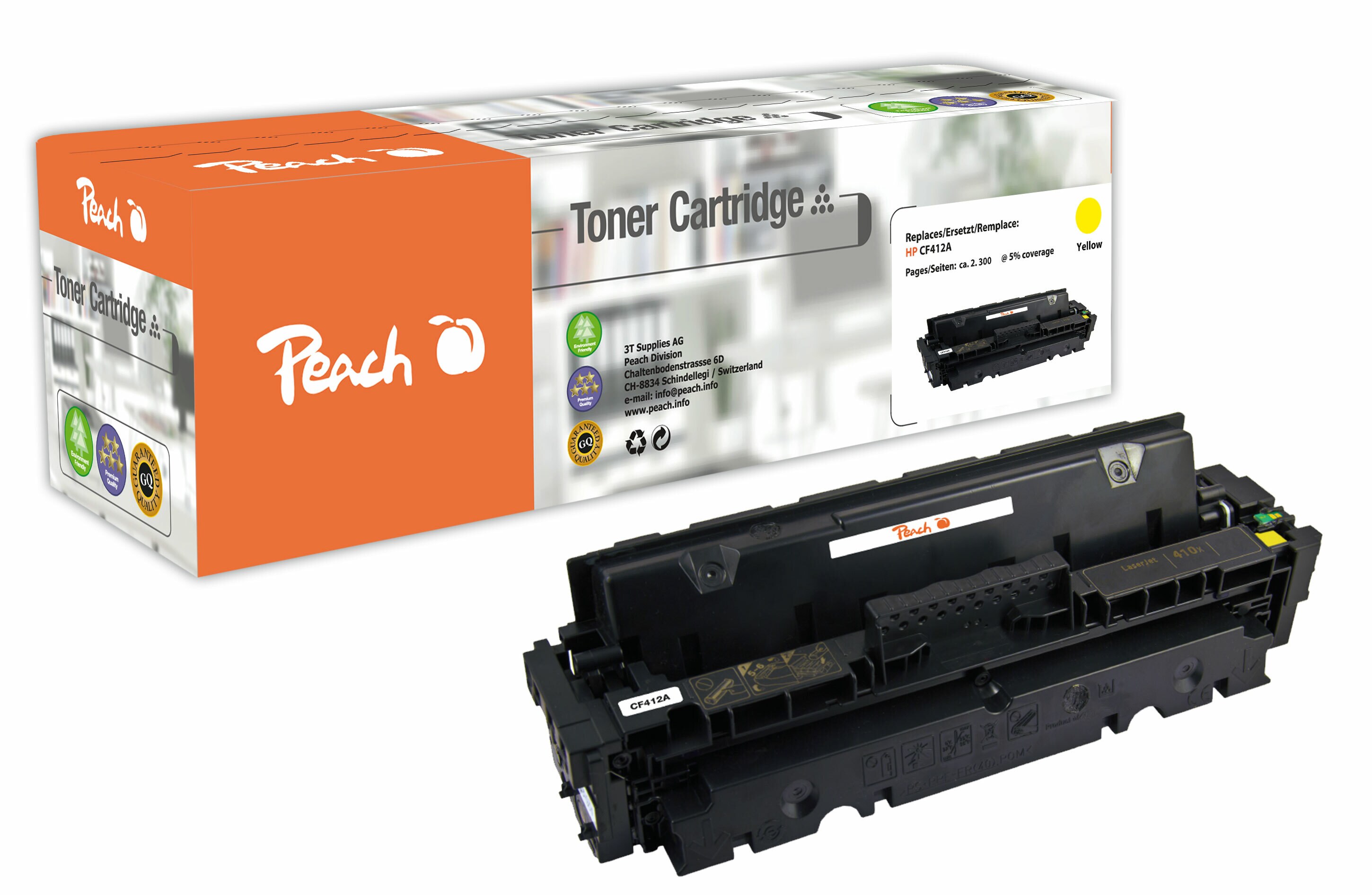Peach HP 410 AY Toner ye ersetzt HP No. 410A Y, CF412A f&uuml;r z.B. HP Color LaserJet Pro M 452 dn, HP Color LaserJet Pro M 450 (wiederaufbereitet) - Bild 1