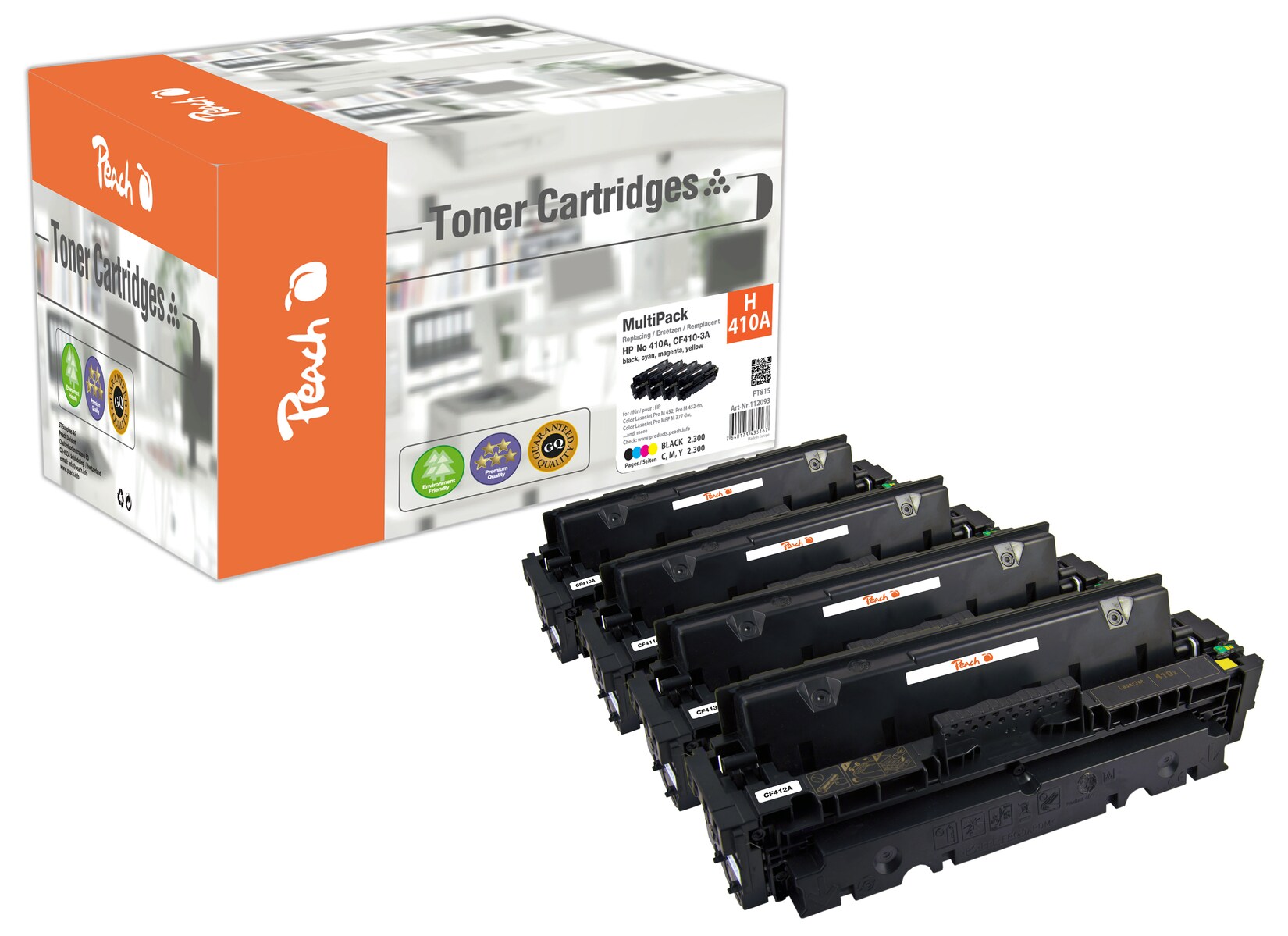 Peach HP 410 A 4 Toner (bk, c/m/y) ersetzt HP No. 410A, CF410A, CF411A, CF412A, CF413A für z.B. HP Color LaserJet Pro MFP M 477 fdw (wiederaufbereitet)