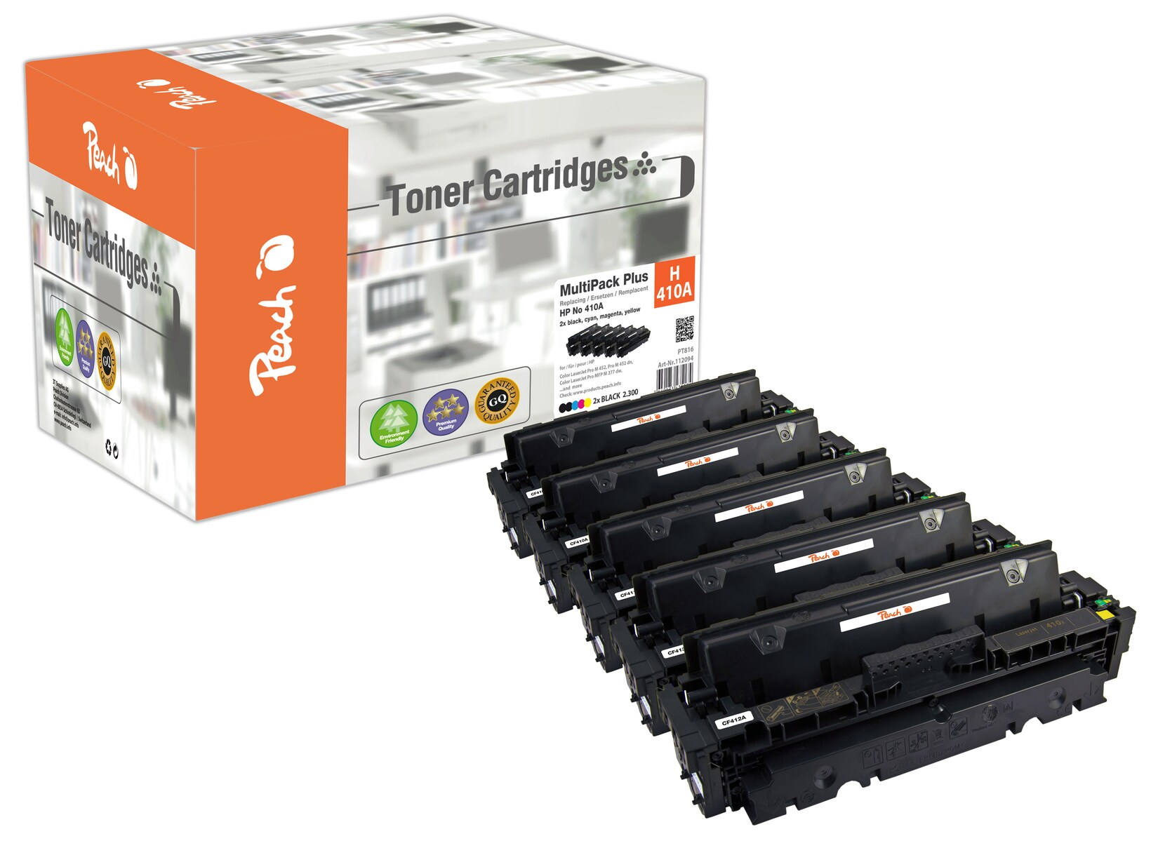 Peach HP 410 A 5 Toner (2*bk, c/m/y) ersetzt HP No. 410A, CF410A*2, CF411A, CF412A, CF413A für z.B. HP Color LaserJet Pro MFP M 477 fdw (wiederaufbereitet)