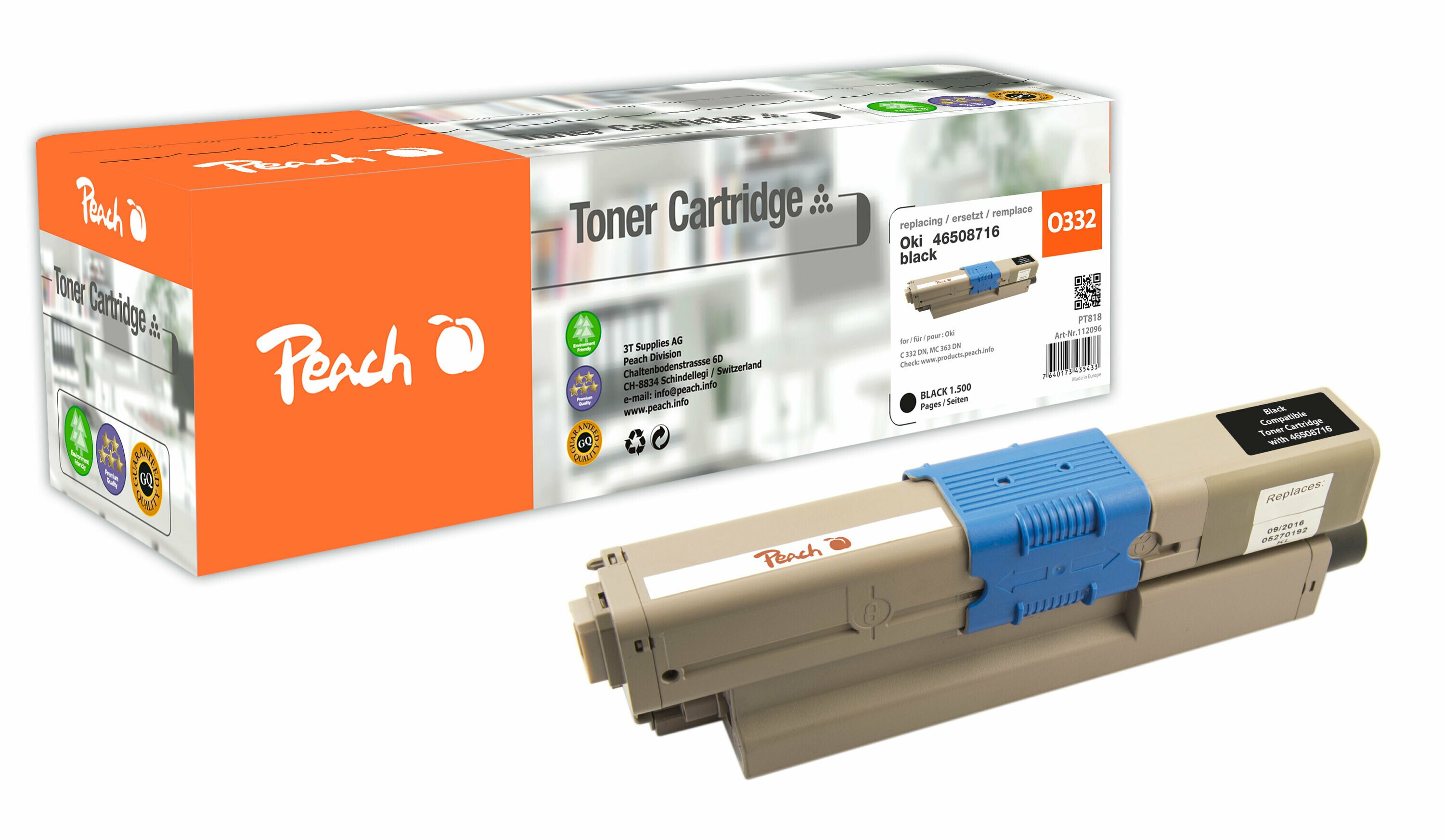 Peach O4650-87 Toner bk ersetzt OKI 46508716 f&uuml;r z.B. OKI C 332 DN, OKI MC 363 DN, OKI MC 363 N, OKI MC 363 DNW, OKI C 332 DNw (wiederaufbereitet) - Bild 1