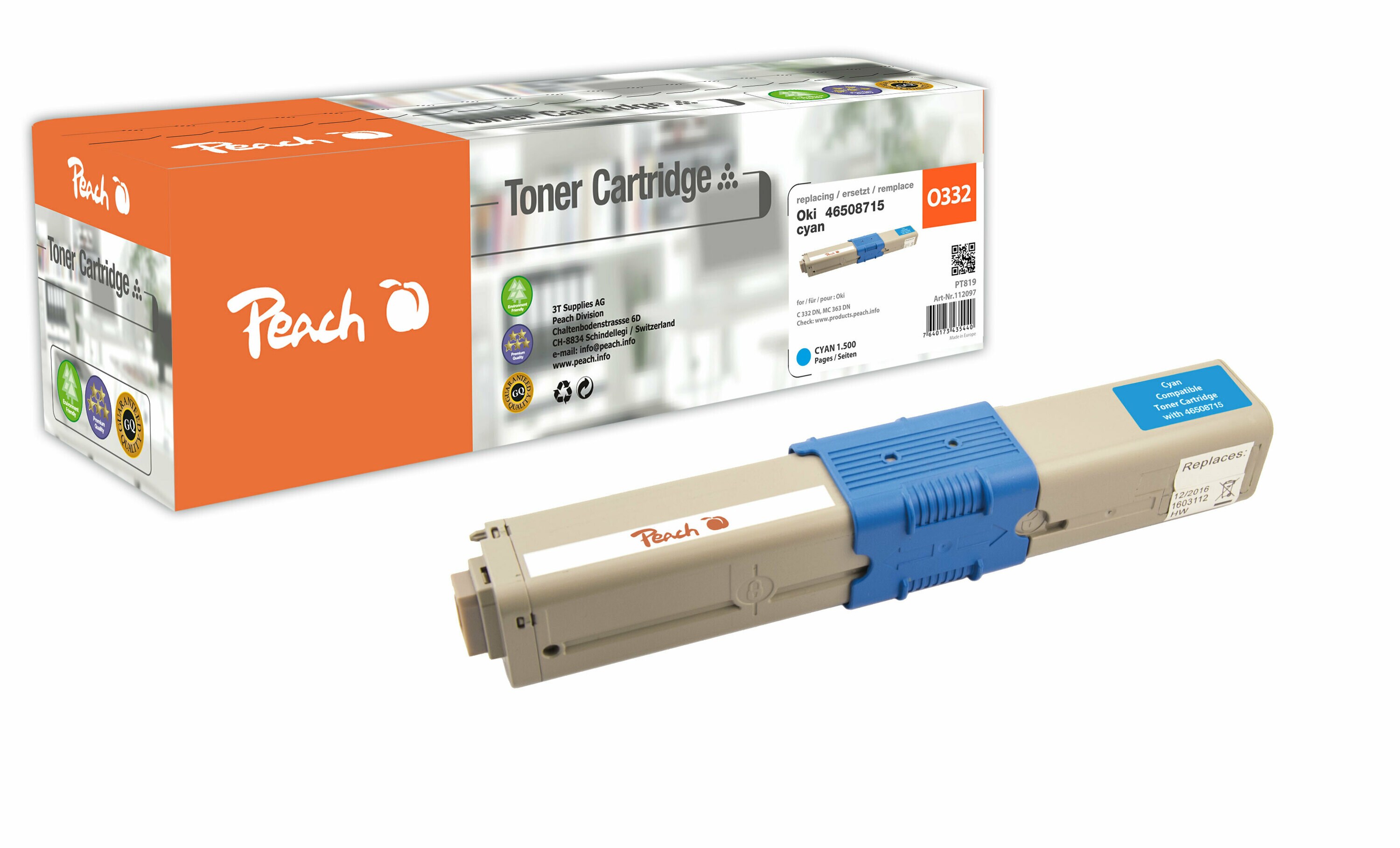 Peach O4650-87 Toner cy ersetzt OKI 46508715 f&uuml;r z.B. OKI C 332 DN, OKI MC 363 DN, OKI MC 363 N, OKI MC 363 DNW, OKI C 332 DNw (wiederaufbereitet) - Bild 1