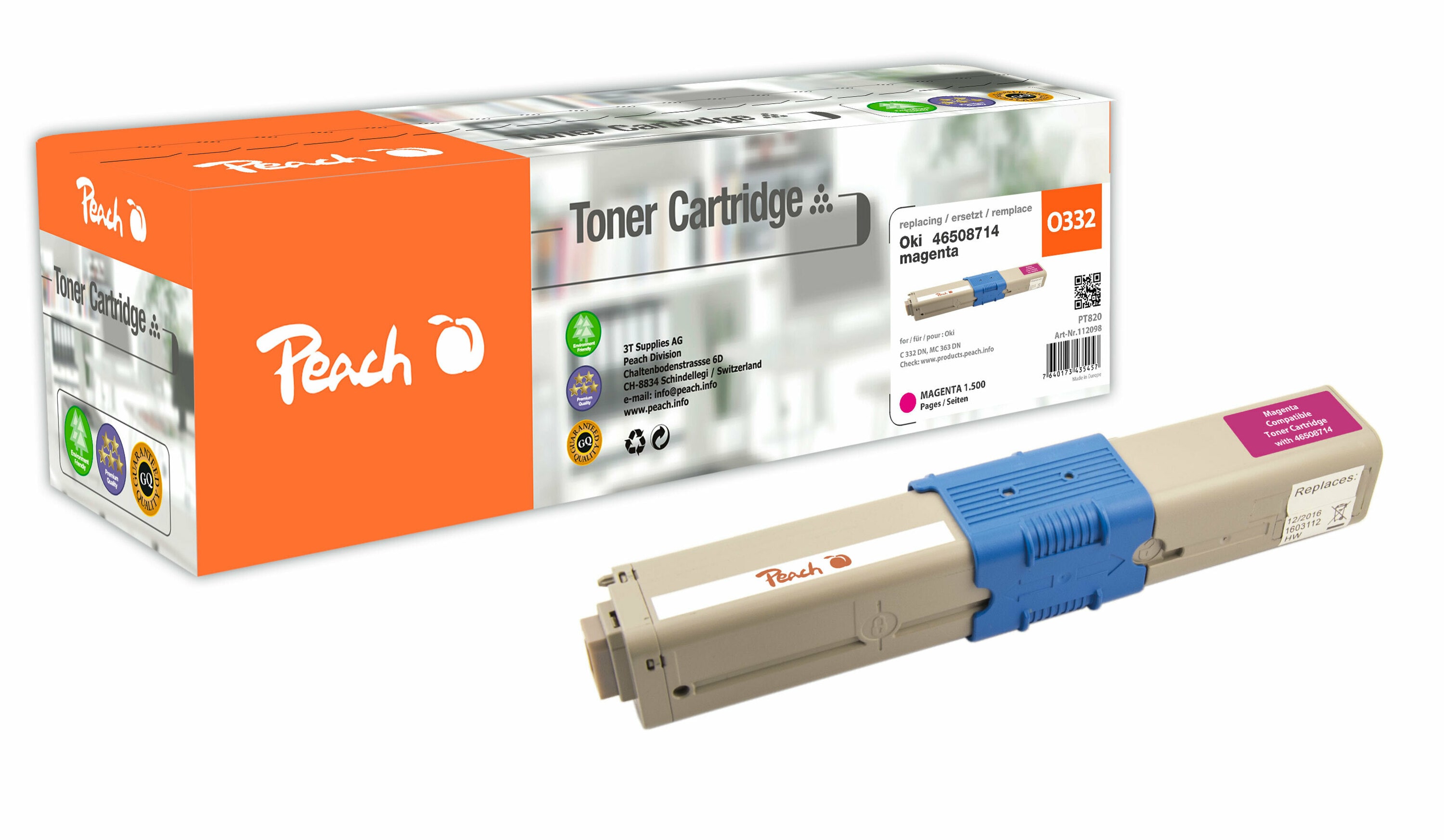 Peach O4650-87 Toner ma ersetzt OKI 46508714 f&uuml;r z.B. OKI C 332 DN, OKI MC 363 DN, OKI MC 363 N, OKI MC 363 DNW, OKI C 332 DNw (wiederaufbereitet) - Bild 1