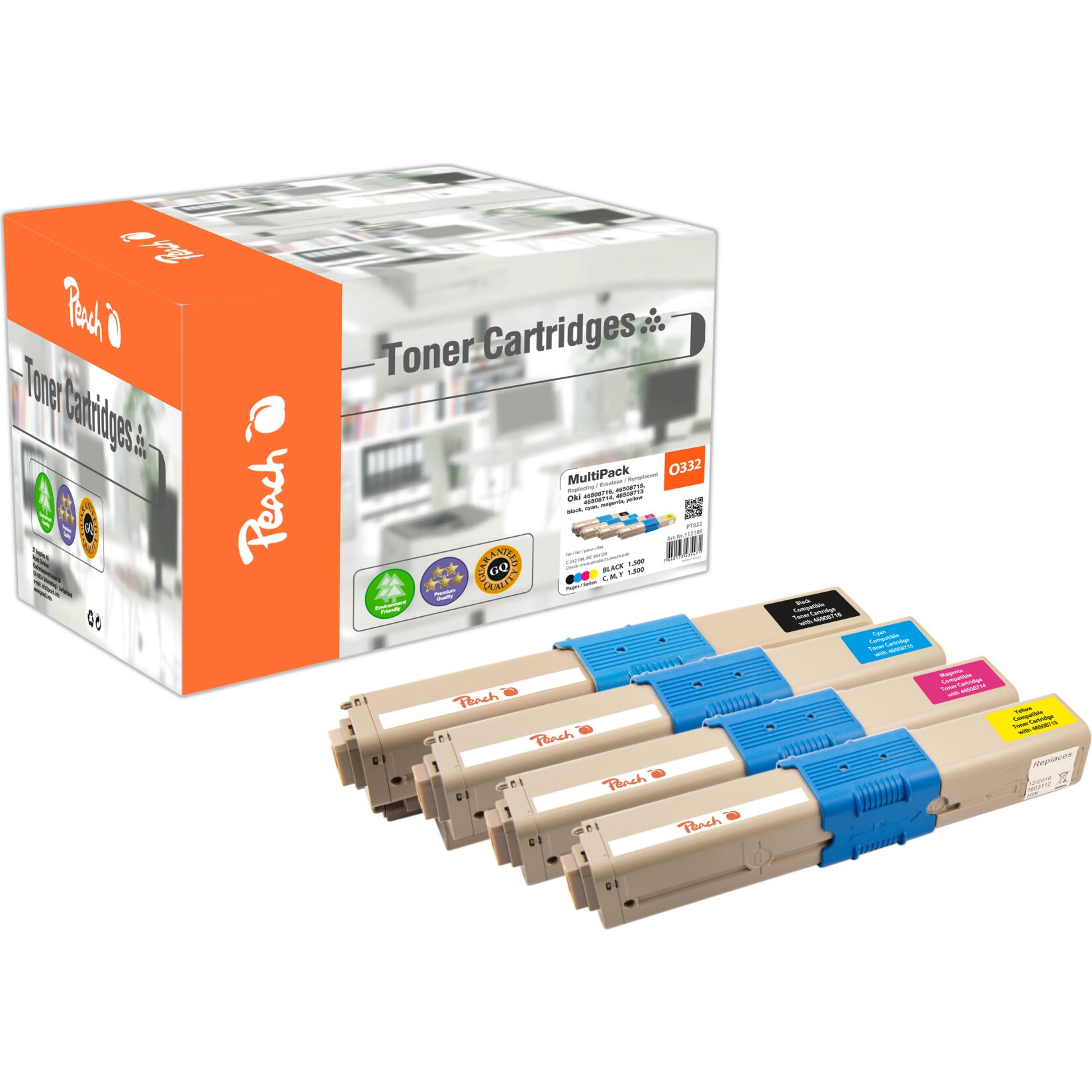 Peach O4650-87 4 Toner (bk, c/m/y) ersetzt OKI 46508716, 46508715, 46508714, 46508713 für z.B. OKI C 332 DN, OKI MC 363 DN, OKI MC 363 N (wiederaufbereitet)