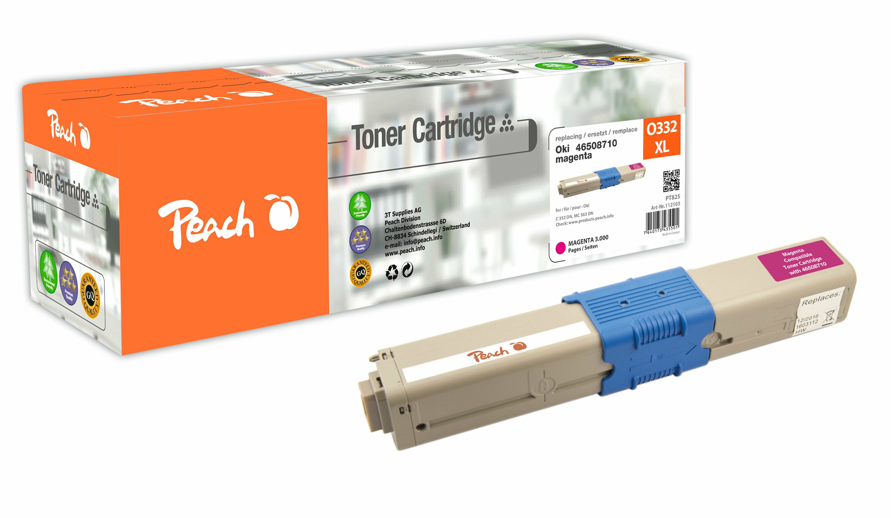 Peach O4650-87 Toner XL ma ersetzt OKI 46508710 f&uuml;r z.B. OKI C 332 DN, OKI MC 363 DN, OKI MC 363 N, OKI MC 363 DNW, OKI C 332 DNw (wiederaufbereitet) - Bild 1