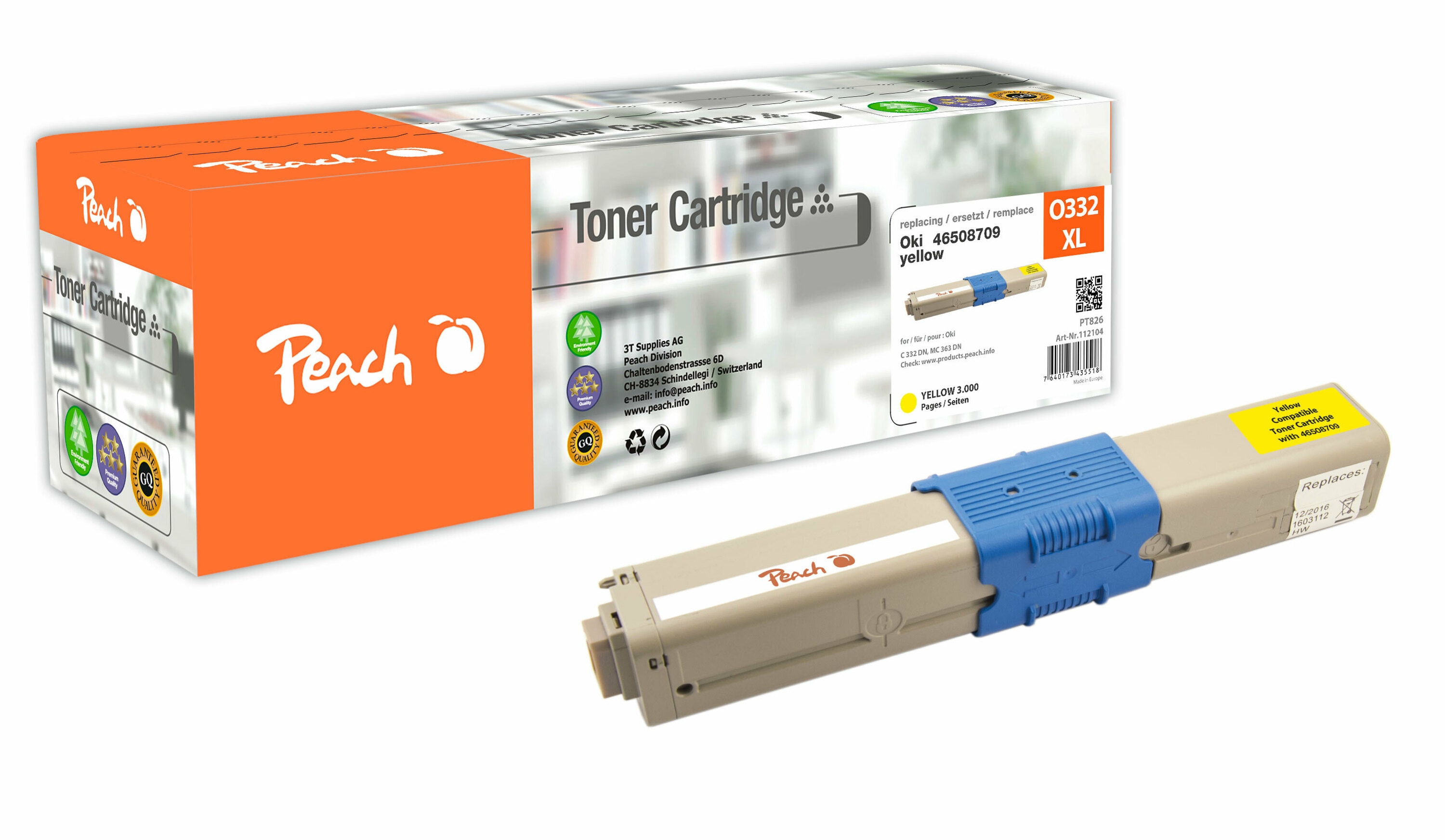 Peach O4650-87 Toner XL ye ersetzt OKI 46508709 f&uuml;r z.B. OKI C 332 DN, OKI MC 363 DN, OKI MC 363 N, OKI MC 363 DNW, OKI C 332 DNw (wiederaufbereitet) - Bild 1
