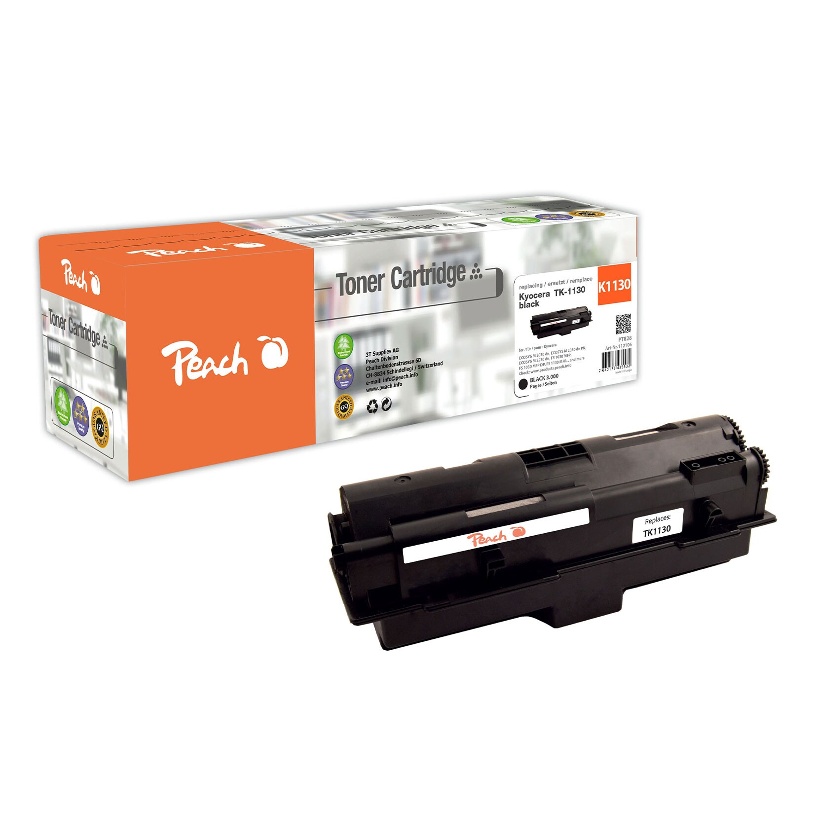 REFURBISHED &ndash; Peach K1130  Toner bk ersetzt Kyocera TK-1130 f&uuml;r z.B. Kyocera ECOSYS M 2030 dn, Kyocera ECOSYS M 2030 dn PN, Kyocera ECOSYS M 2530 dn (wiederaufbereitet) - Bild 1
