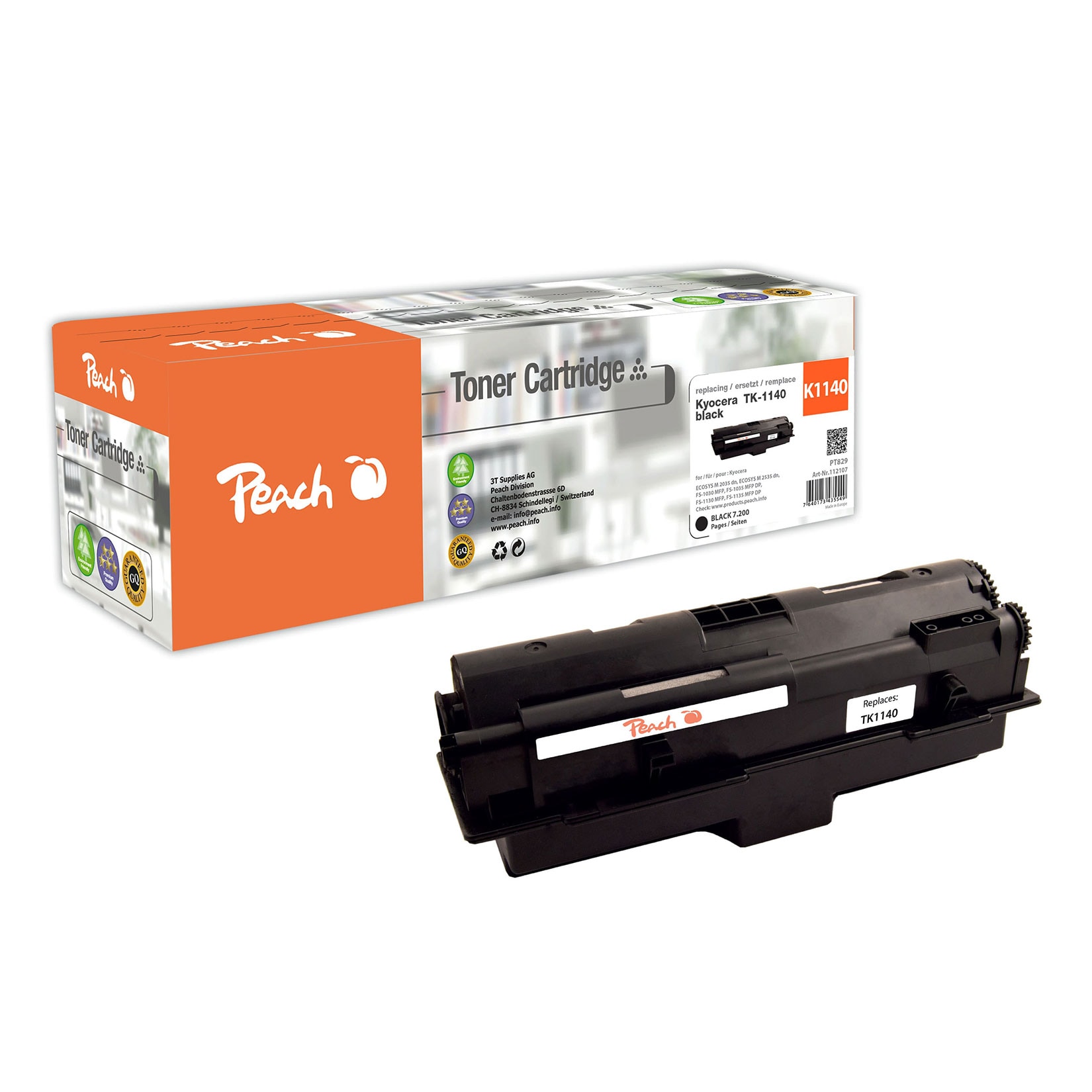 REFURBISHED &ndash; Peach K1140  Toner bk ersetzt Kyocera TK-1140 f&uuml;r z.B. Kyocera ECOSYS M 2035 dn, Kyocera ECOSYS M 2535 dn, Kyocera FS -1035 MFP (wiederaufbereitet) - Bild 1