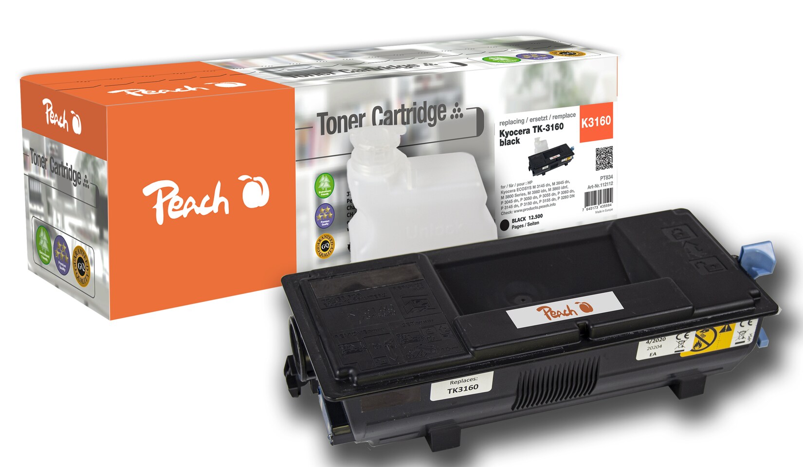 Peach K3160 Toner bk ersetzt Kyocera TK-3160, 1T02R90NL1 für z.B. Kyocera ECOSYS P 3060 dn, Kyocera ECOSYS M 3145 dn, Kyocera ECOSYS M 3645 dn (wiederaufbereitet)