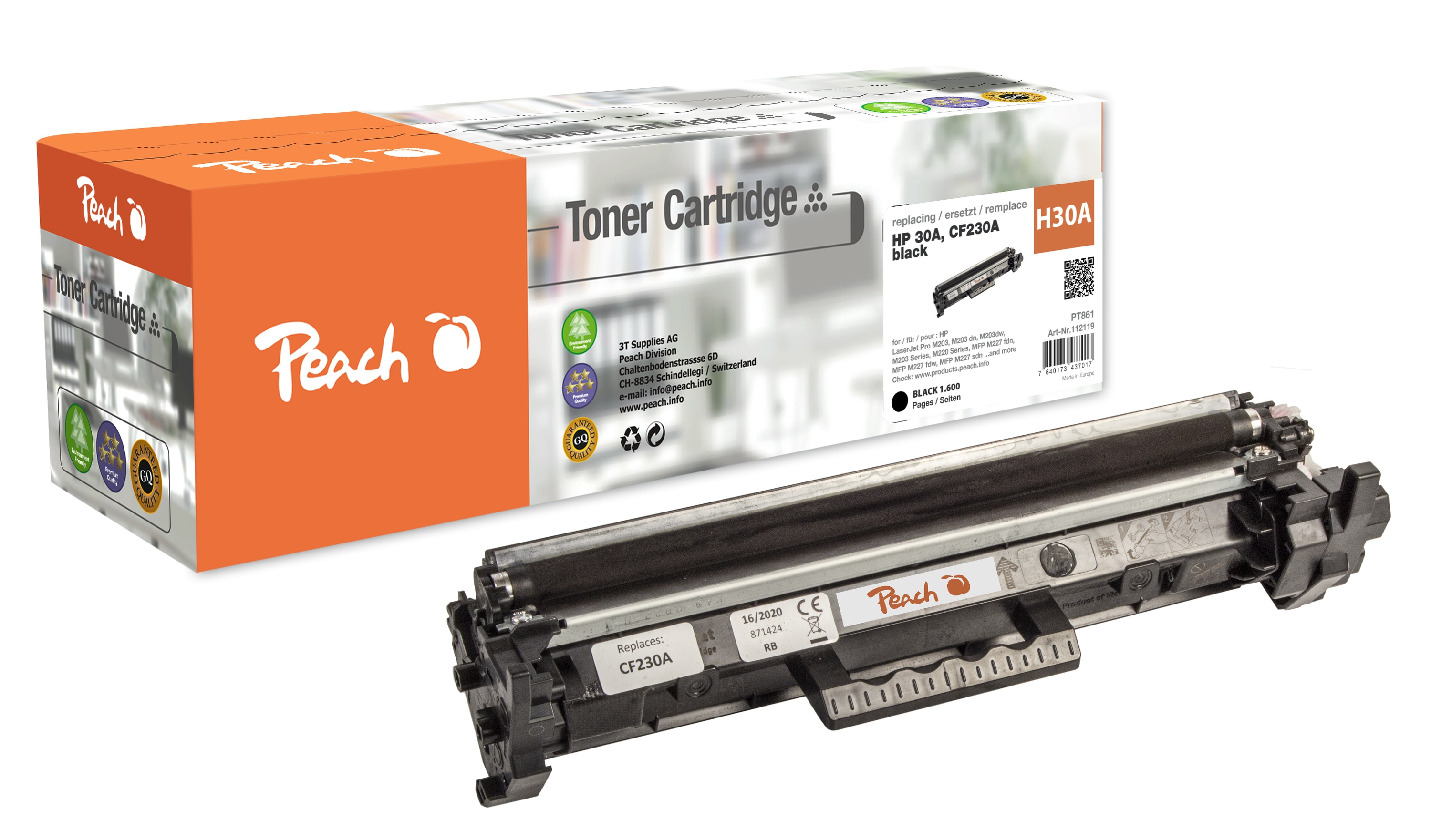 Peach HP 30 A Toner bk ersetzt HP No. 30A, CF230A f&uuml;r z.B. HP LaserJet Pro M 203, HP LaserJet Pro M 203 dn, HP LaserJet Pro M 203 dw (wiederaufbereitet) - Bild 1