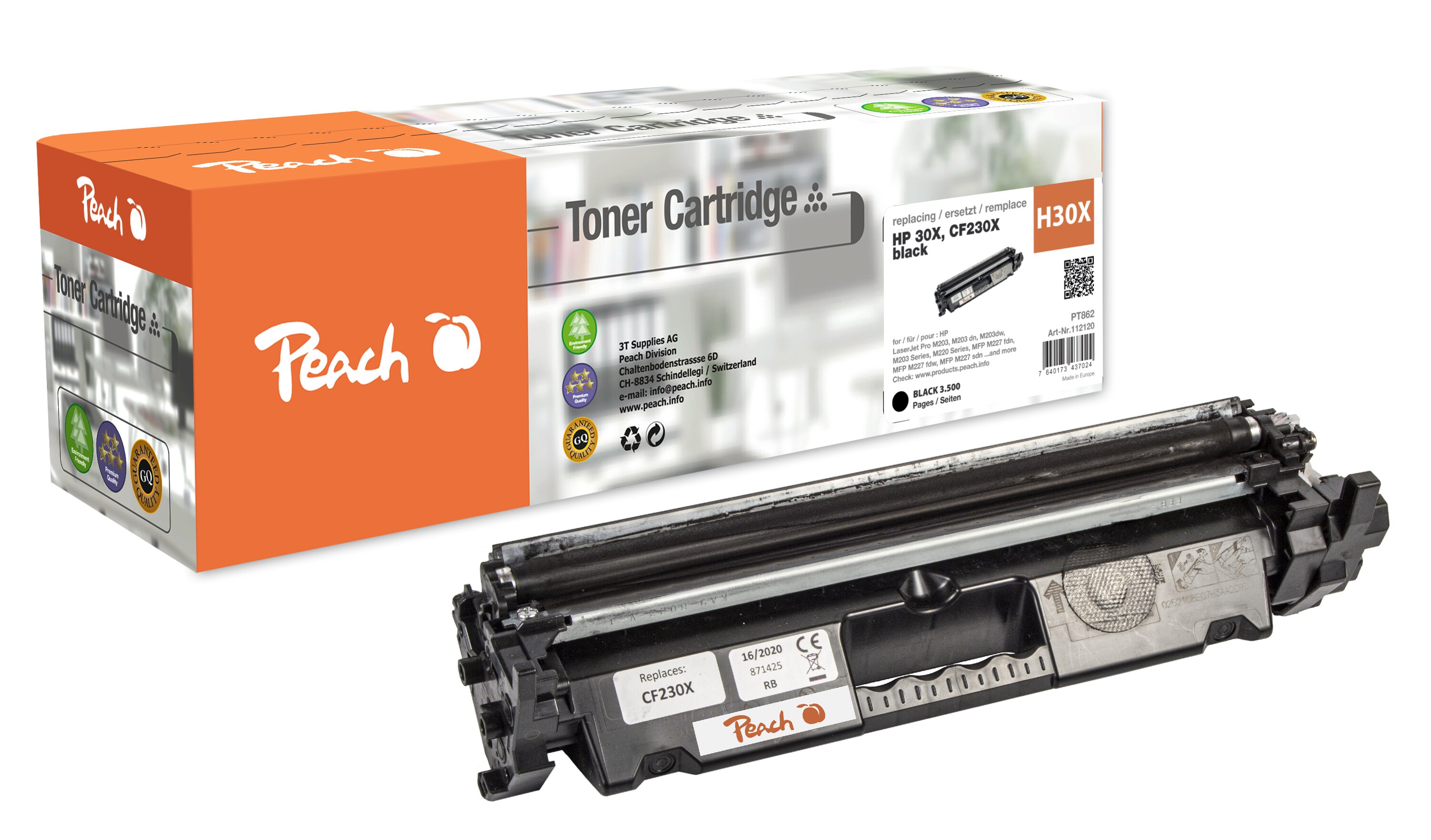 Peach HP 30 X Toner XL bk ersetzt HP No. 30X, CF230X f&uuml;r z.B. HP LaserJet Pro M 203, HP LaserJet Pro M 203 dn, HP LaserJet Pro M 203 dw (wiederaufbereitet) - Bild 1