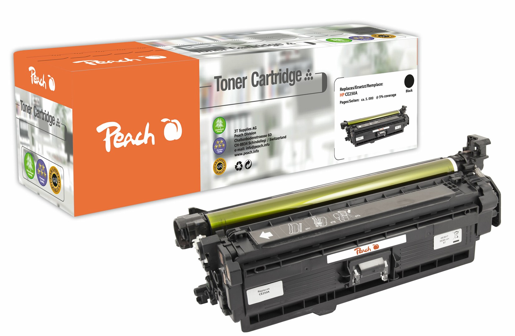 Peach HP 504 ABK Toner bk ersetzt HP No. 504A BK, CE250A für z.B. HP Color LaserJet CM 3500, HP Color LaserJet CM 3530 FS MFP (wiederaufbereitet)