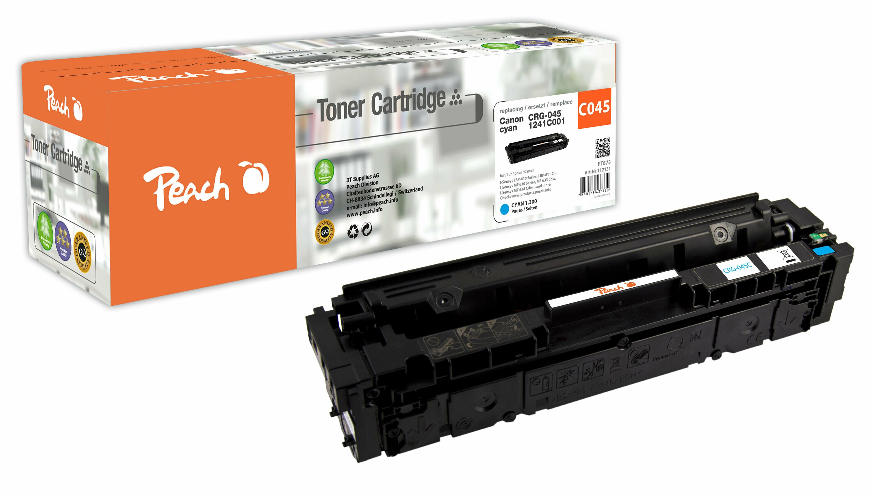 Peach HP 045 c Toner cy ersetzt Canon CRG-045 c, 1241C002 f&uuml;r z.B. Canon ISensys LBP -610, Canon ISensys LBP -611 Cn, Canon ISensys LBP -612 Cdw (wiederaufbereitet) - Bild 1