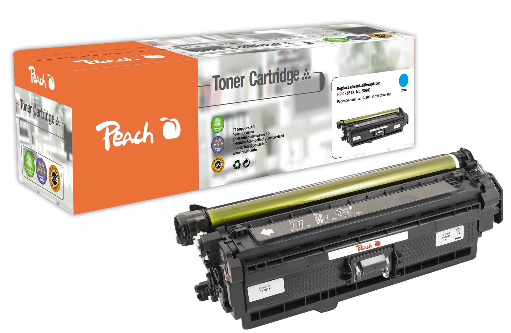 Peach HP 508 XC Toner XL cy ersetzt HP No. 508X C, CF361X für z.B. HP Color LaserJet Enterprise Flow MFP M 577 c, HP Color LaserJet Managed M 550 (wiederaufbereitet)