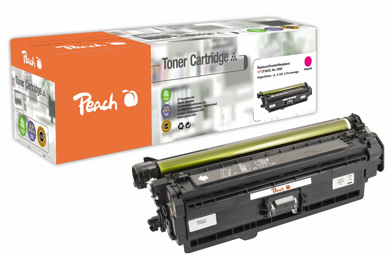 Peach HP 508 XM Toner XL ma ersetzt HP No. 508X M, CF363X für z.B. HP Color LaserJet Enterprise Flow MFP M 577 c, HP Color LaserJet Managed M 550 (wiederaufbereitet)