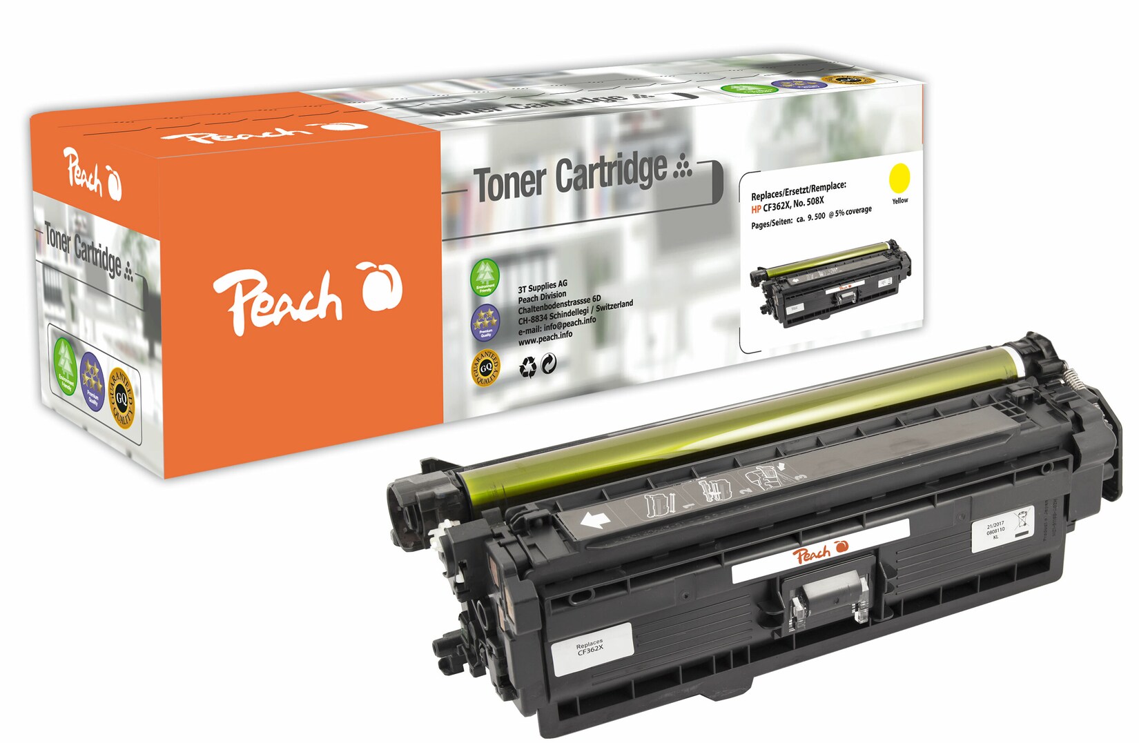 Peach HP 508 XY Toner XL ye ersetzt HP No. 508X Y, CF362X für z.B. HP Color LaserJet Enterprise Flow MFP M 577 c, HP Color LaserJet Managed M 550 (wiederaufbereitet)